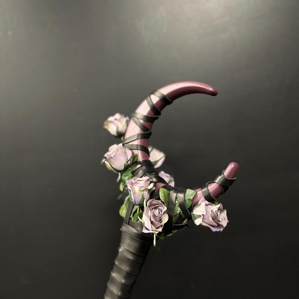 Plum Rose Moon Staff – Handcrafted Wooden Fantasy Stick with Rose Accents for Elvens, Druids and Mages, Wizard Accessory