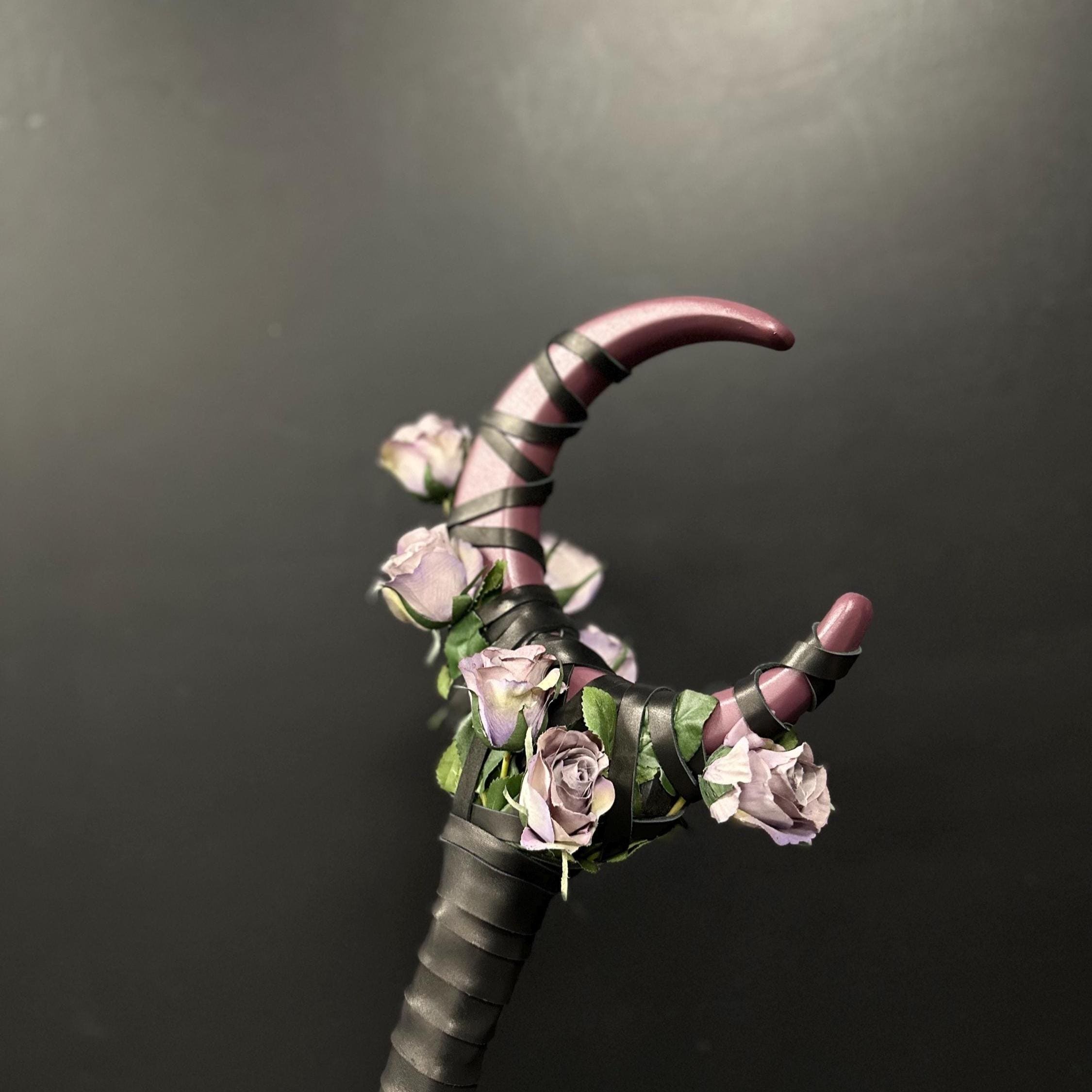 Plum Rose Moon Staff – Handcrafted Wooden Fantasy Stick with Rose Accents for Elvens, Druids and Mages, Wizard Accessory