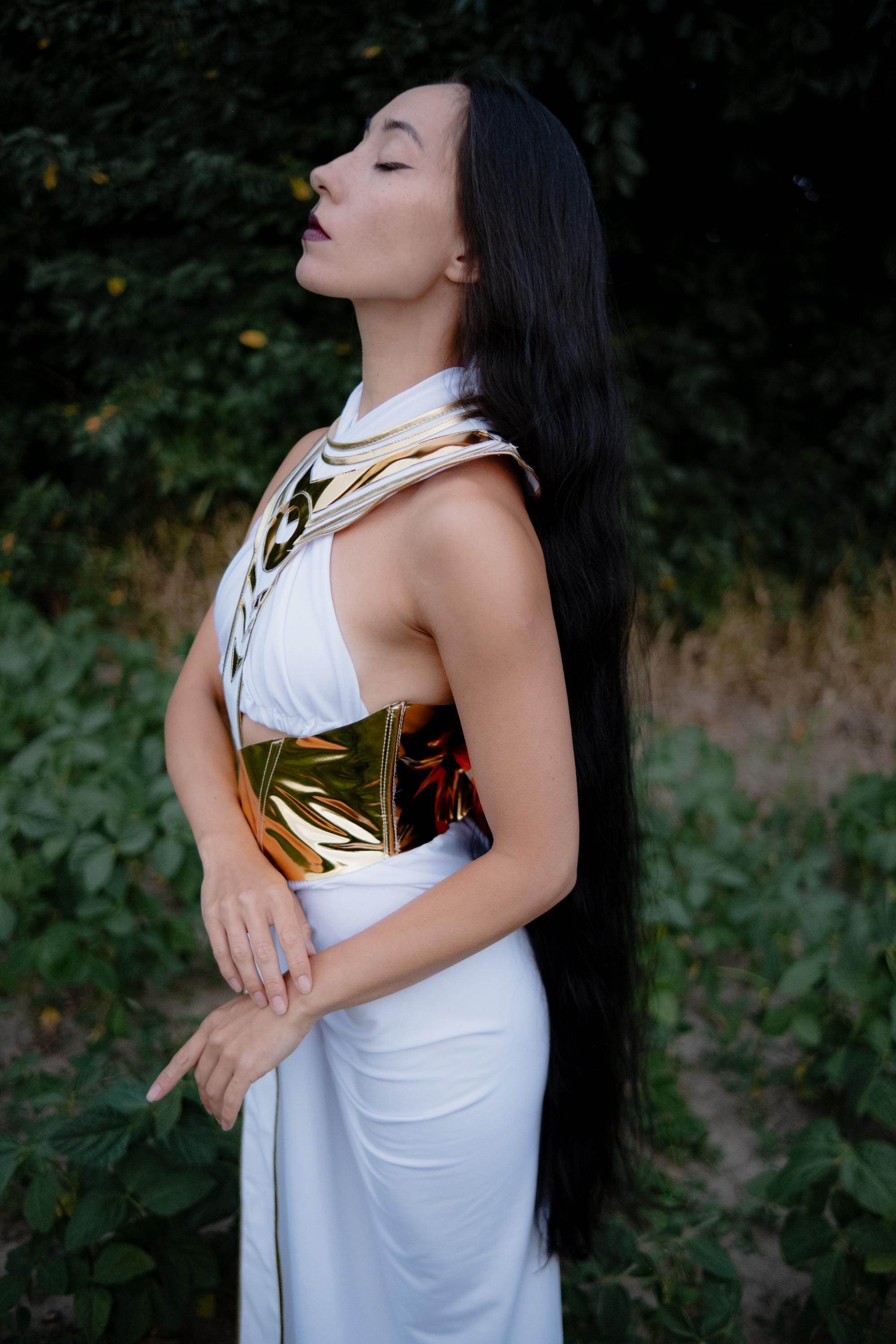 White and Gold Goddess Egyptian Costume – Fantasy Priestess Cosplay Dress & Mythical Characters