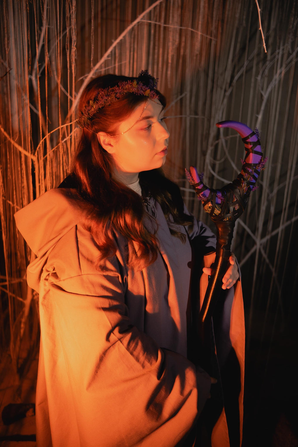 Purple Crescent Moon Staff – Druid Cosplay Wand, Lunar Rod, Witchcraft and Magic, Mystic Wizardry, Wiccan Rod, Costume Accessories, Alder