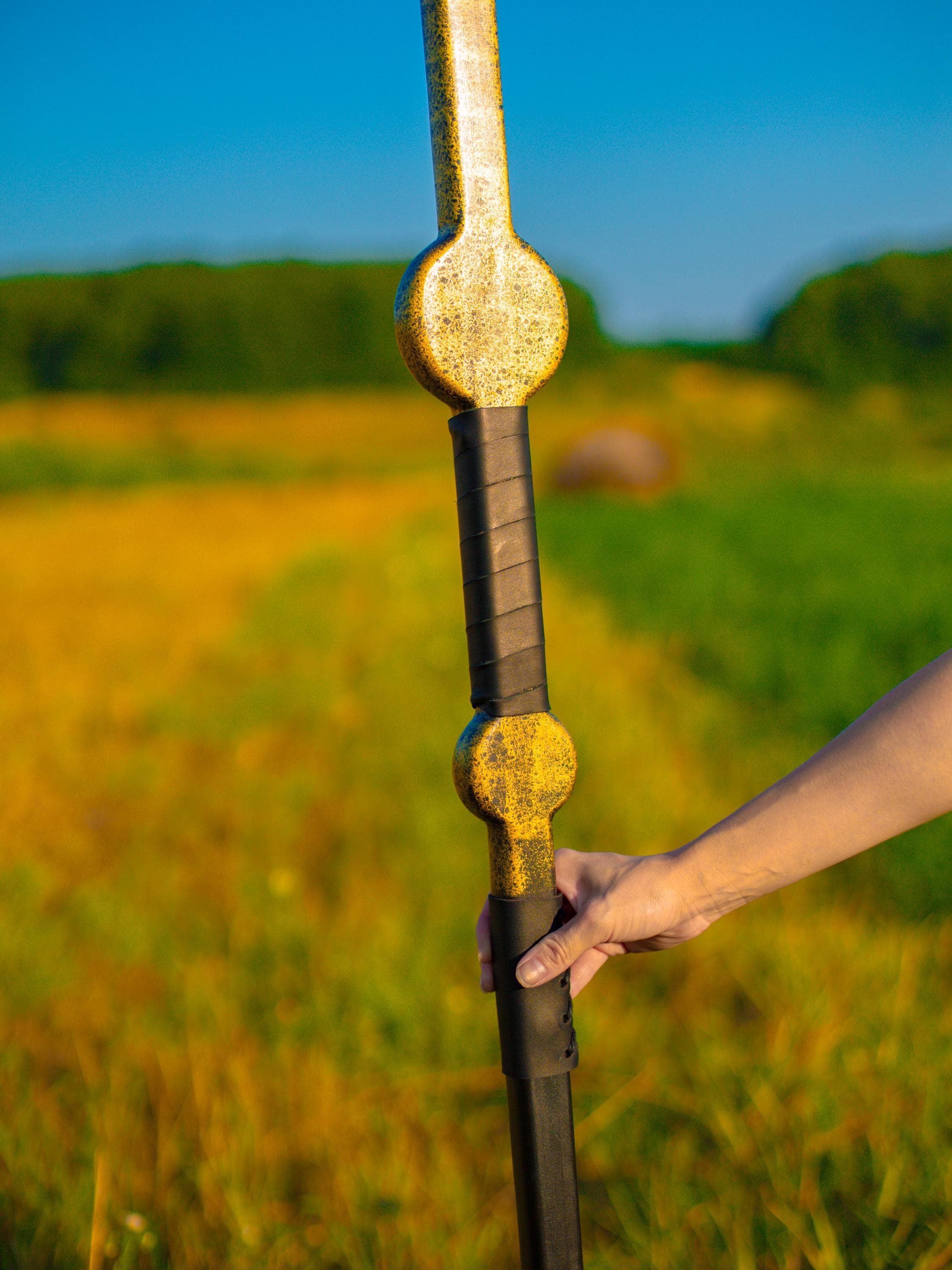 Solar Luminary Staff – Handmade Golden Wooden Staff, Fantasy Prop, Druid Walking Stick, Mystic Light Totem