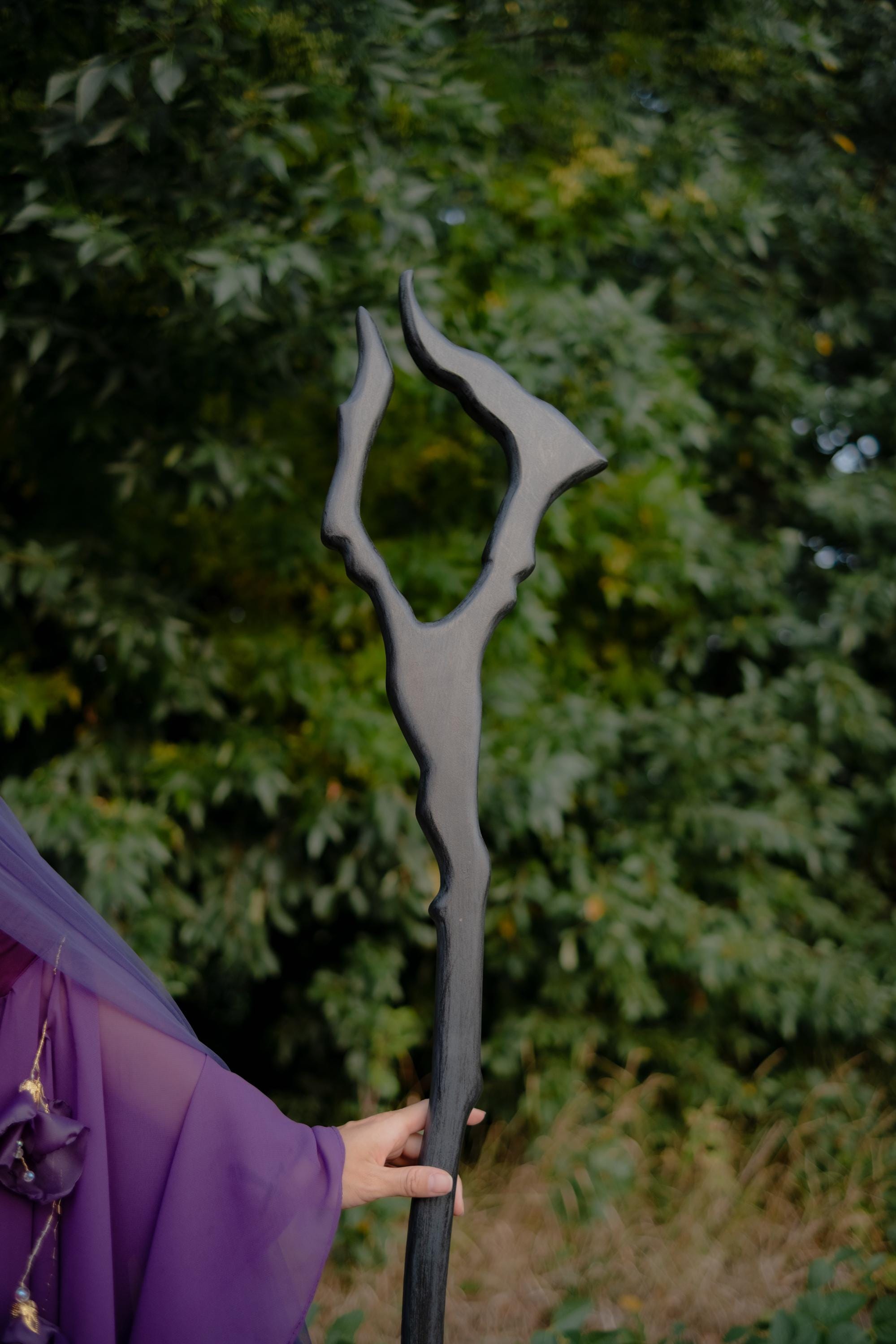 Dark Antler Staff – Wooden Fantasy Cosplay Prop, Druid Elf Mage Costume Staff,