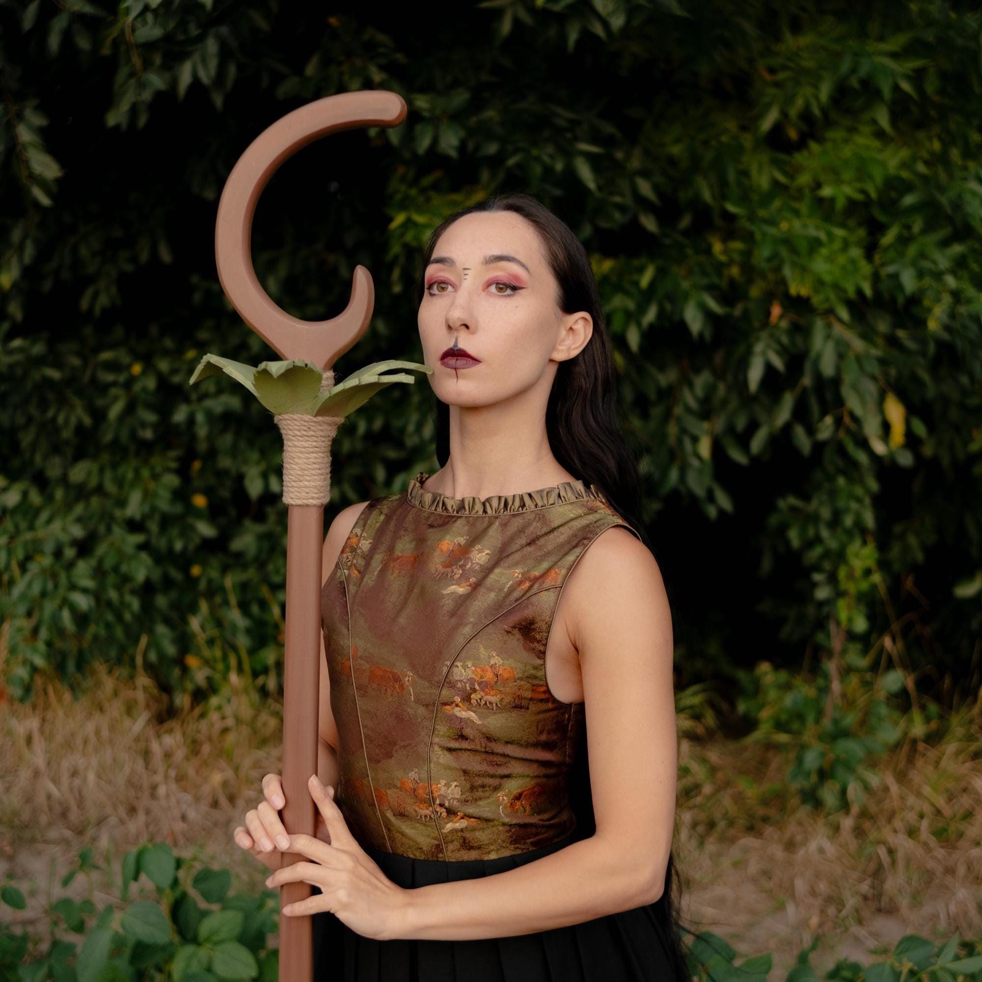 Petal Crescent - Druid Staff with EVA Foam Leaves – Handmade Wooden Nature Staff for Cosplay