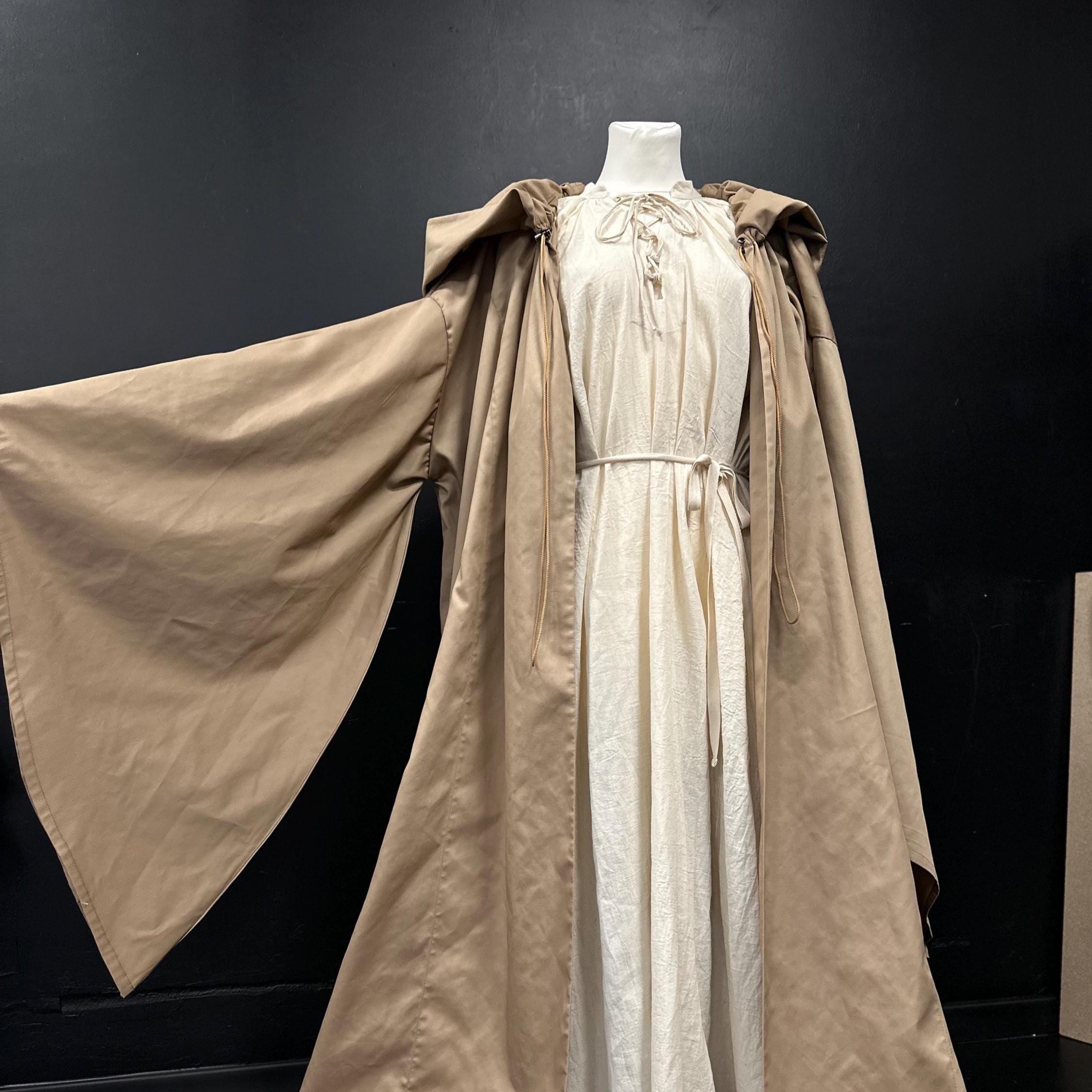 Golden Beige Linen Cloak and Muslin Tunic – Medieval Earth Tone Outfit, Artisan Renaissance Clothing, Natural Handmade Ensemble