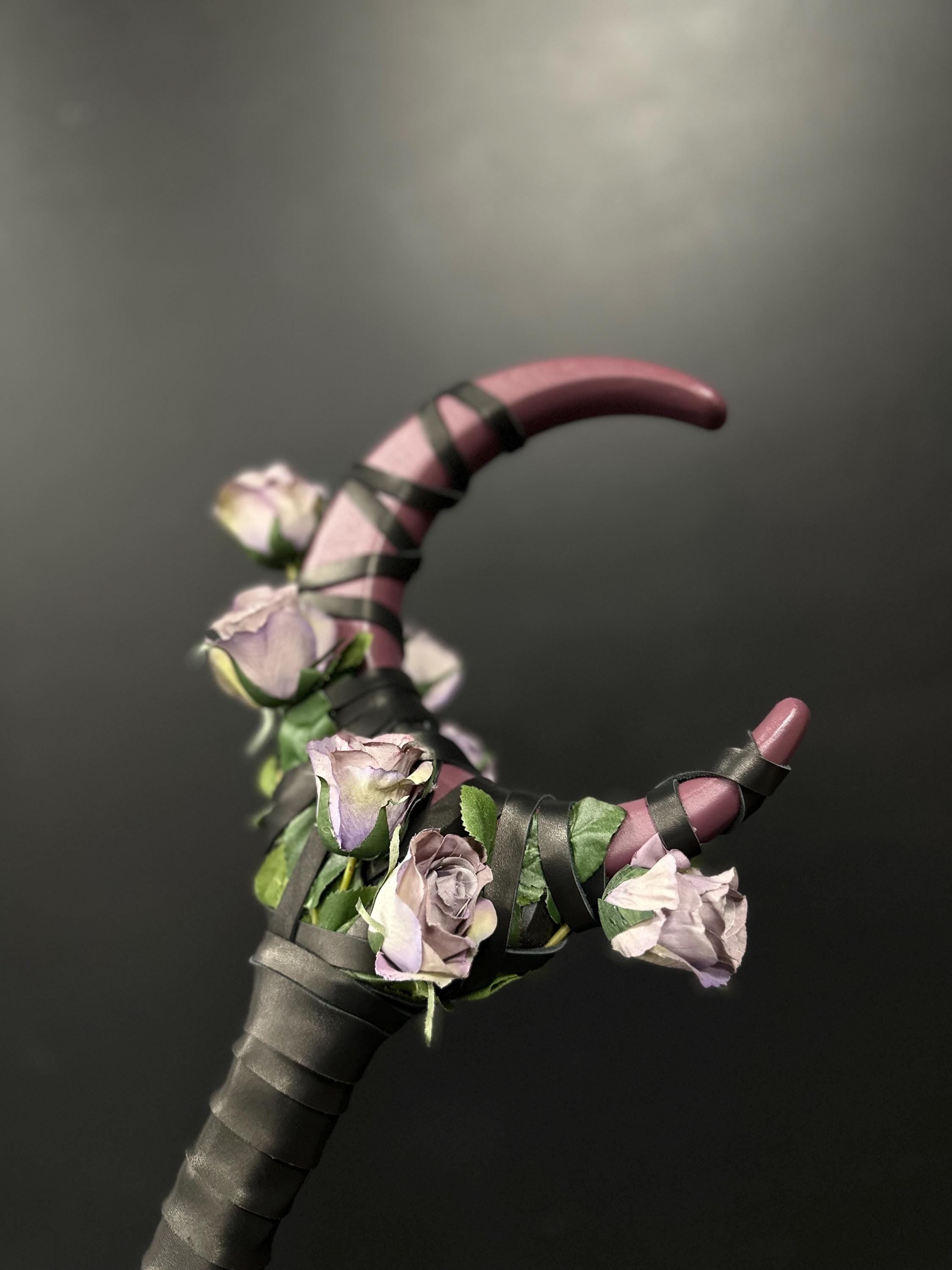 Plum Rose Moon Staff – Handcrafted Wooden Fantasy Stick with Rose Accents for Elvens, Druids and Mages, Wizard Accessory