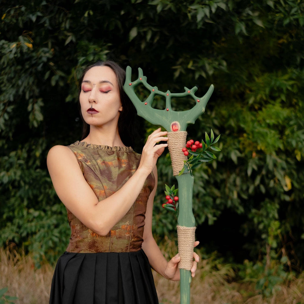 Crown of the Forest  – Elven or Druid Wooden Staff with Antler Design and Red Gemstones for Cosplay