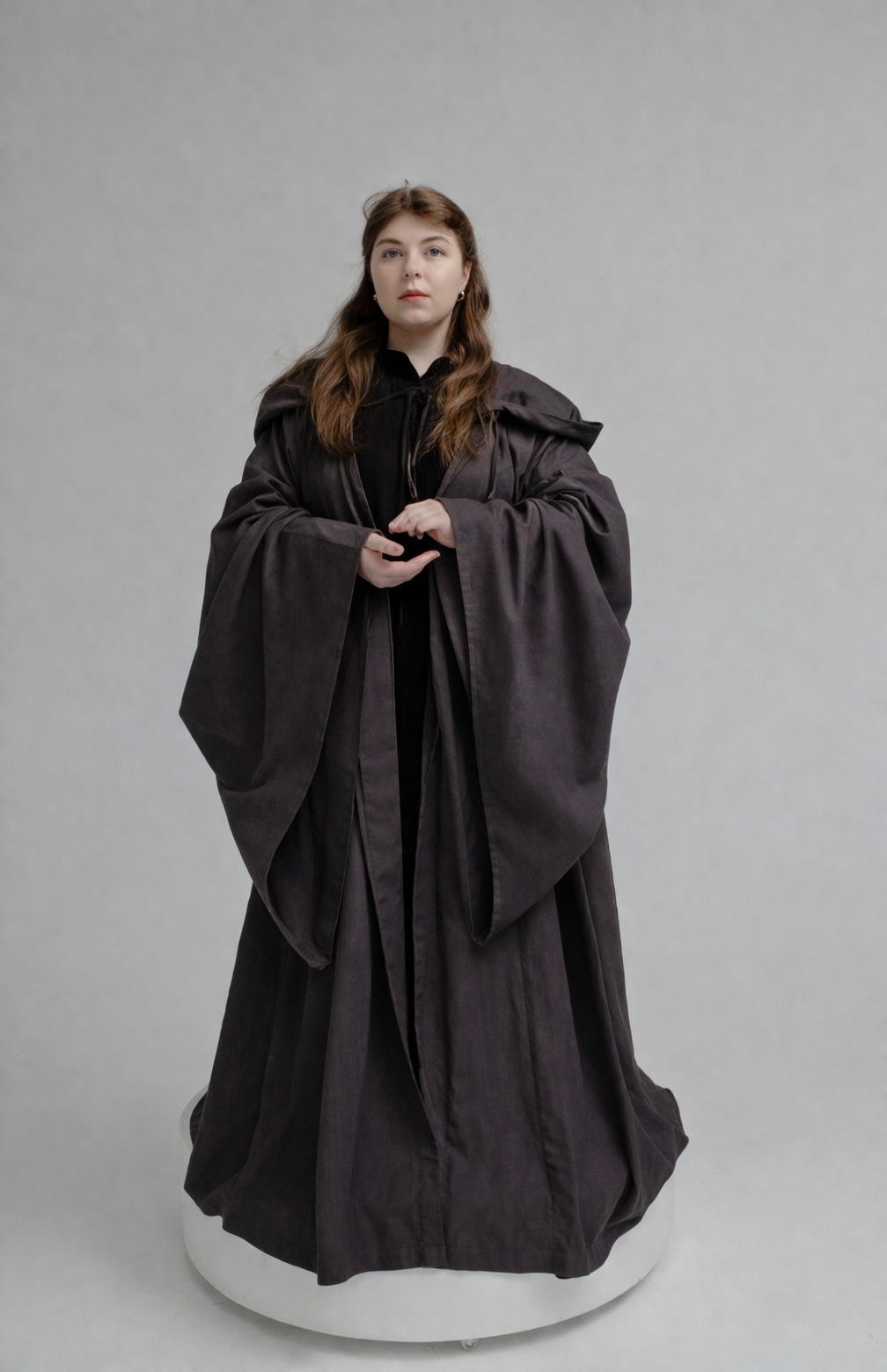 Graphite Shadow Cloak – Gray Linen Hooded Cape with Structured Flow
