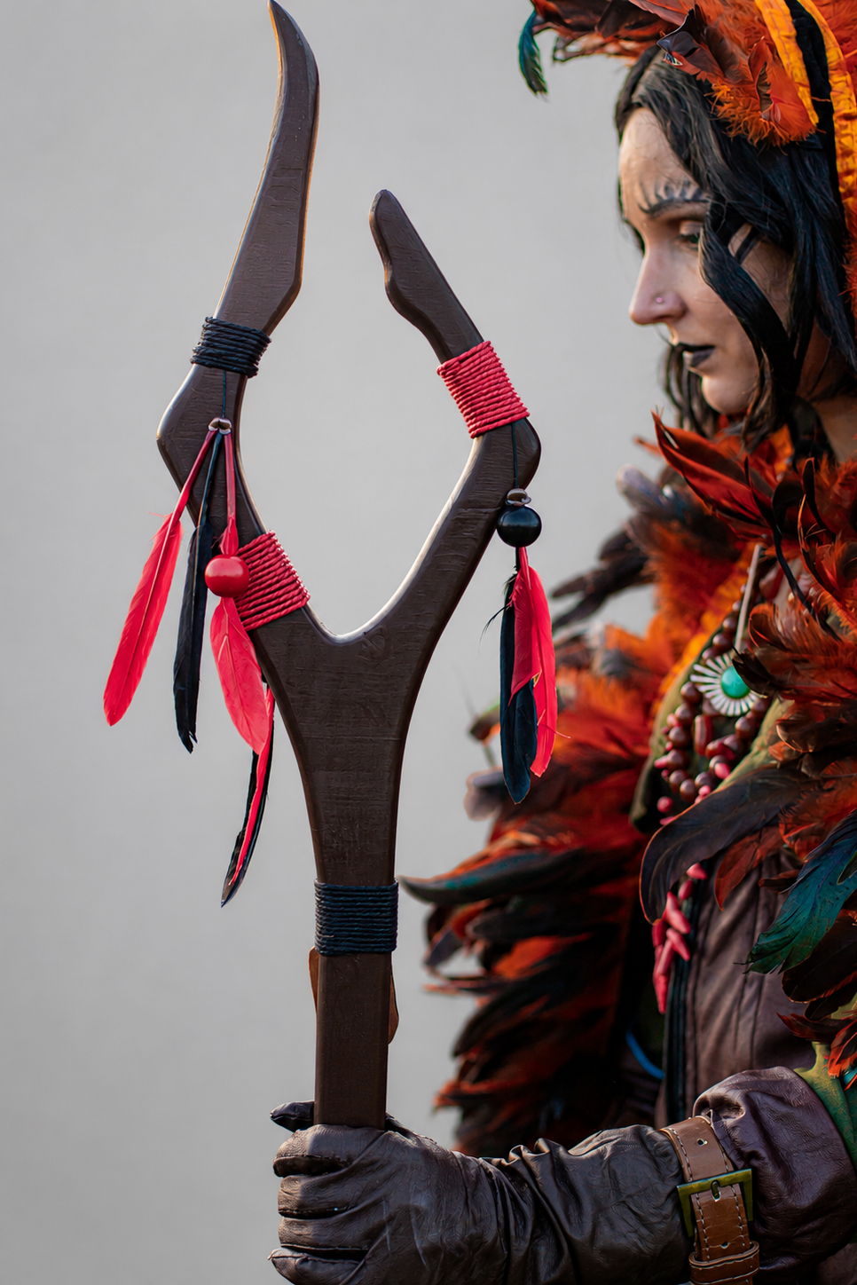 Runic-style forest fantasy staff with forked wooden top