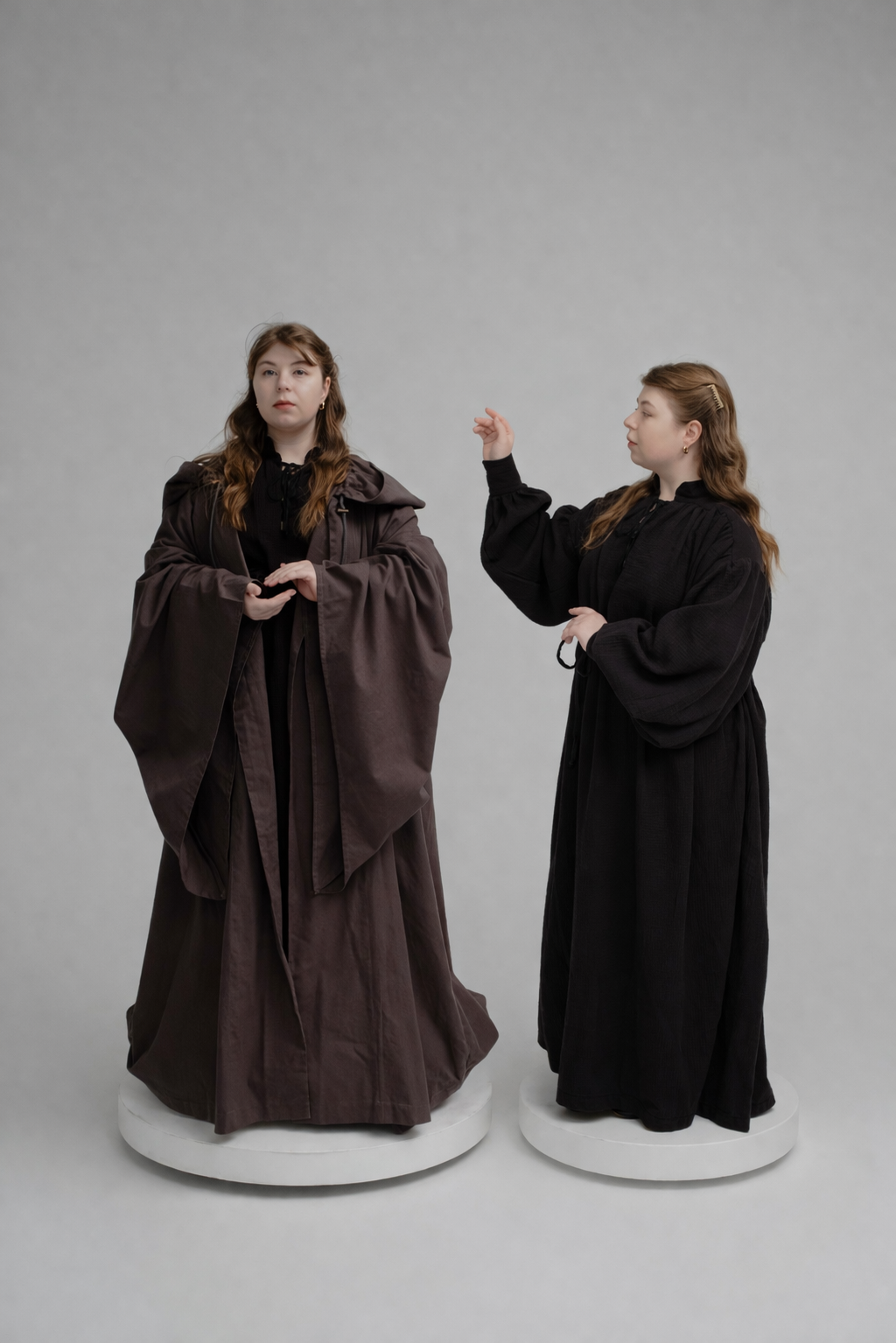 Chocolate Layered Set – Brown Linen Cloak and Black Muslin Tunic with Earth-Toned Silhouette
