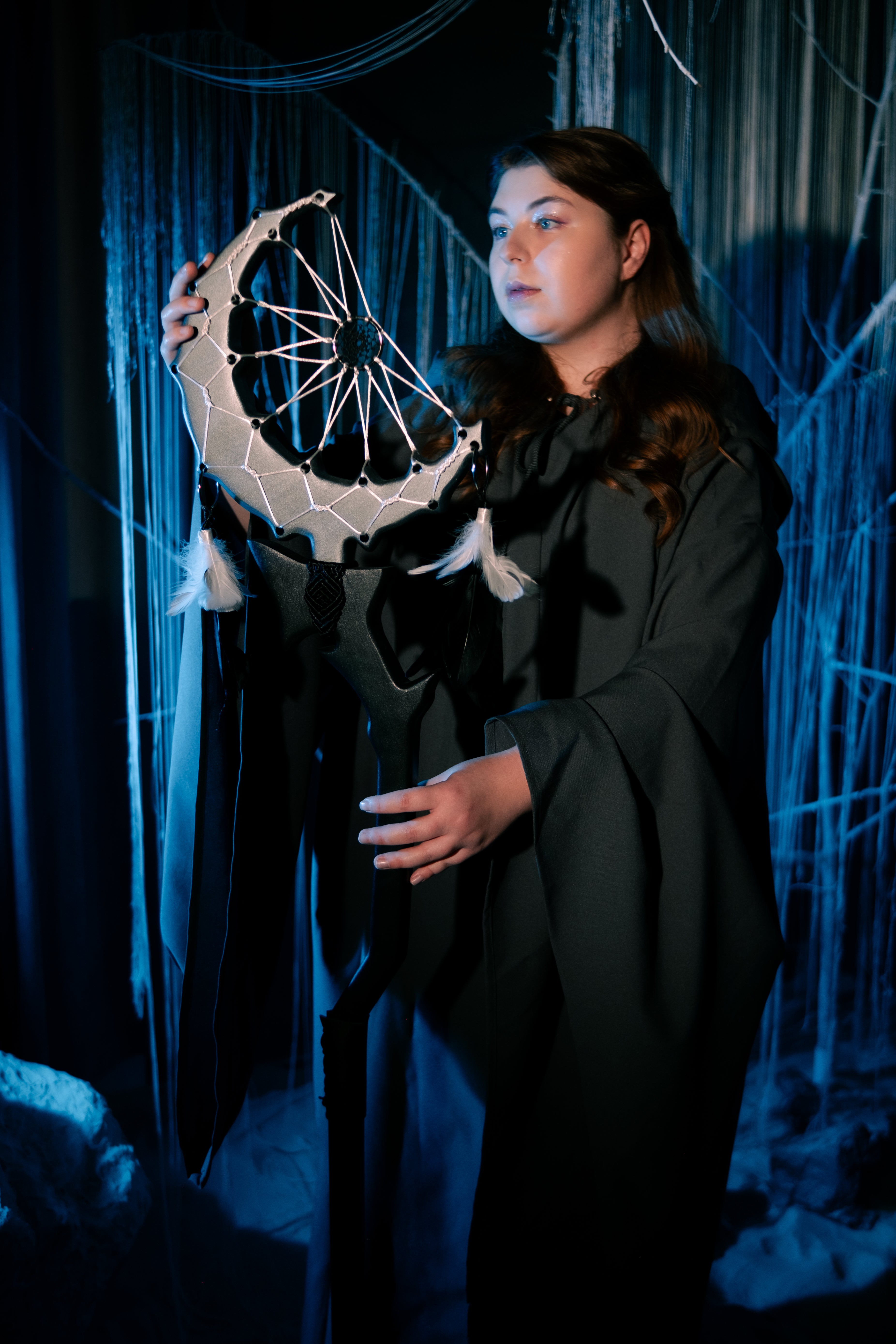 Full-length Lunar Dreamcatcher Staff with white web and white feather details