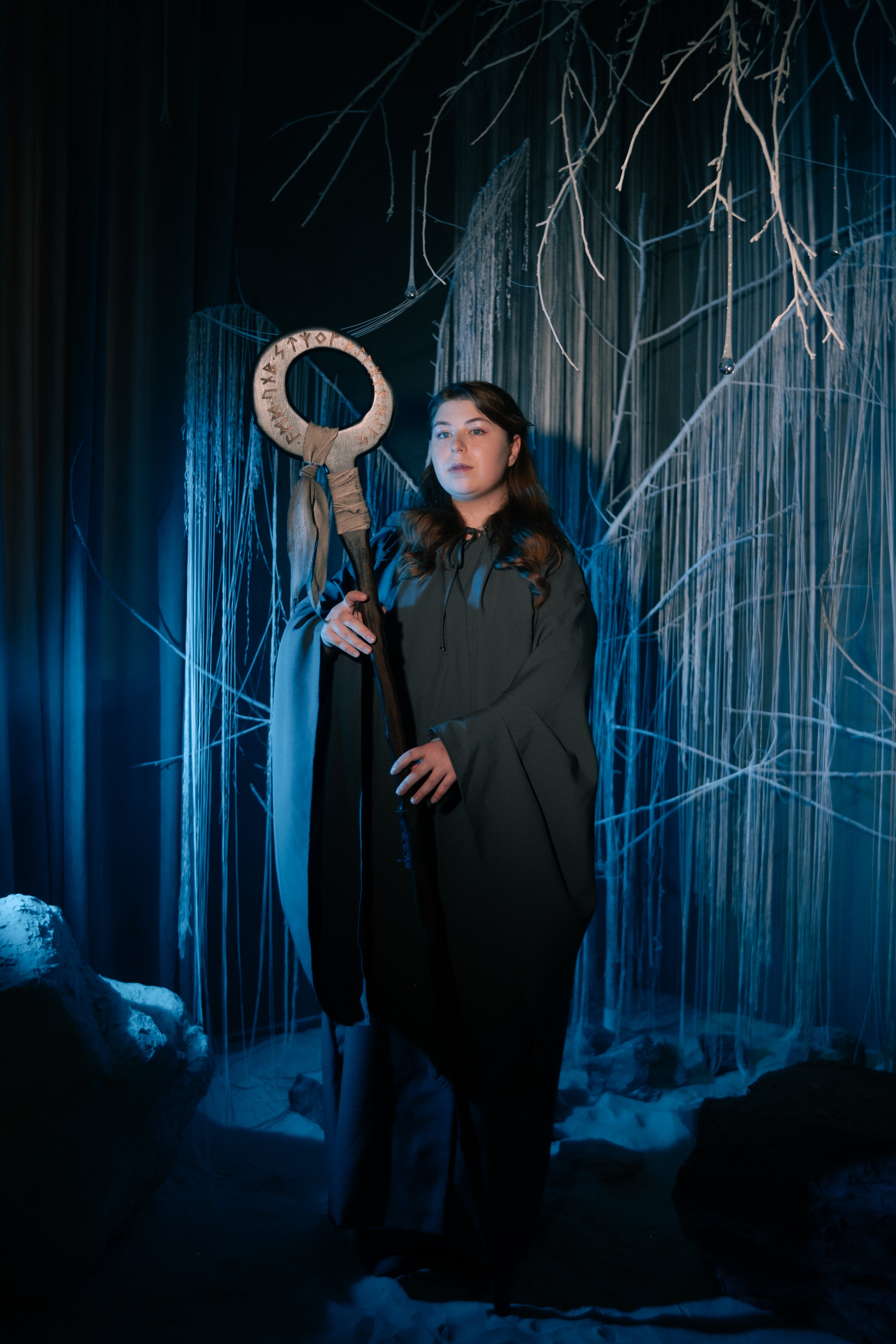 Rune circle wooden staff with dark hand-painted finish