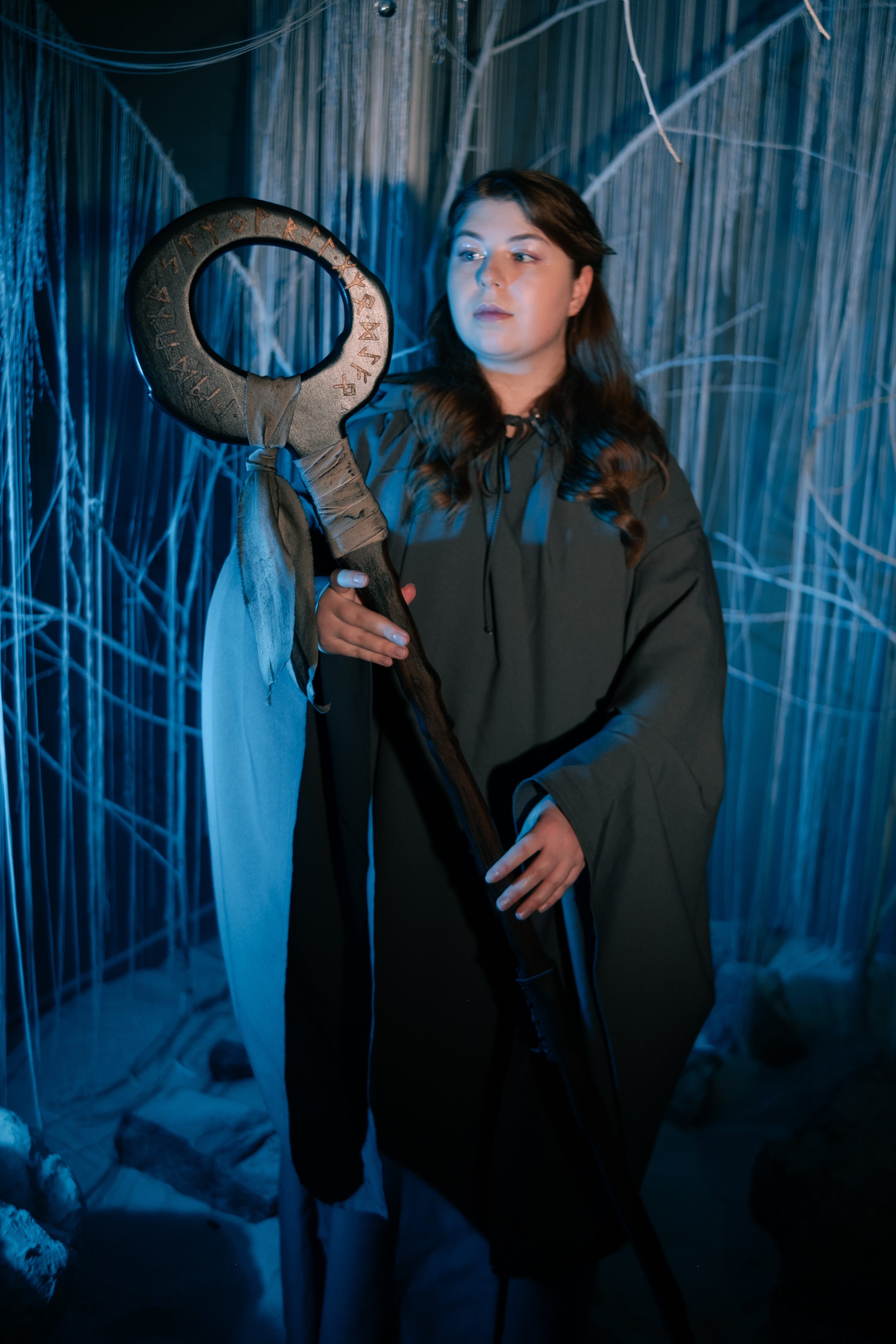 Handmade alder wood fantasy staff for symbolic character styling
Silent Ring Staff with circular top and rune-inspired details