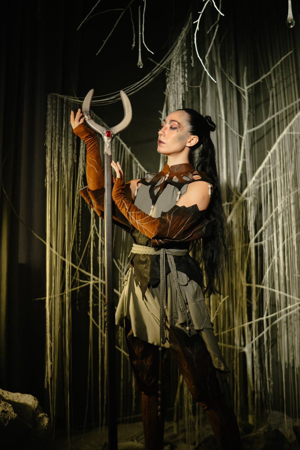 Full length silver and beige fantasy staff with moon shaped head