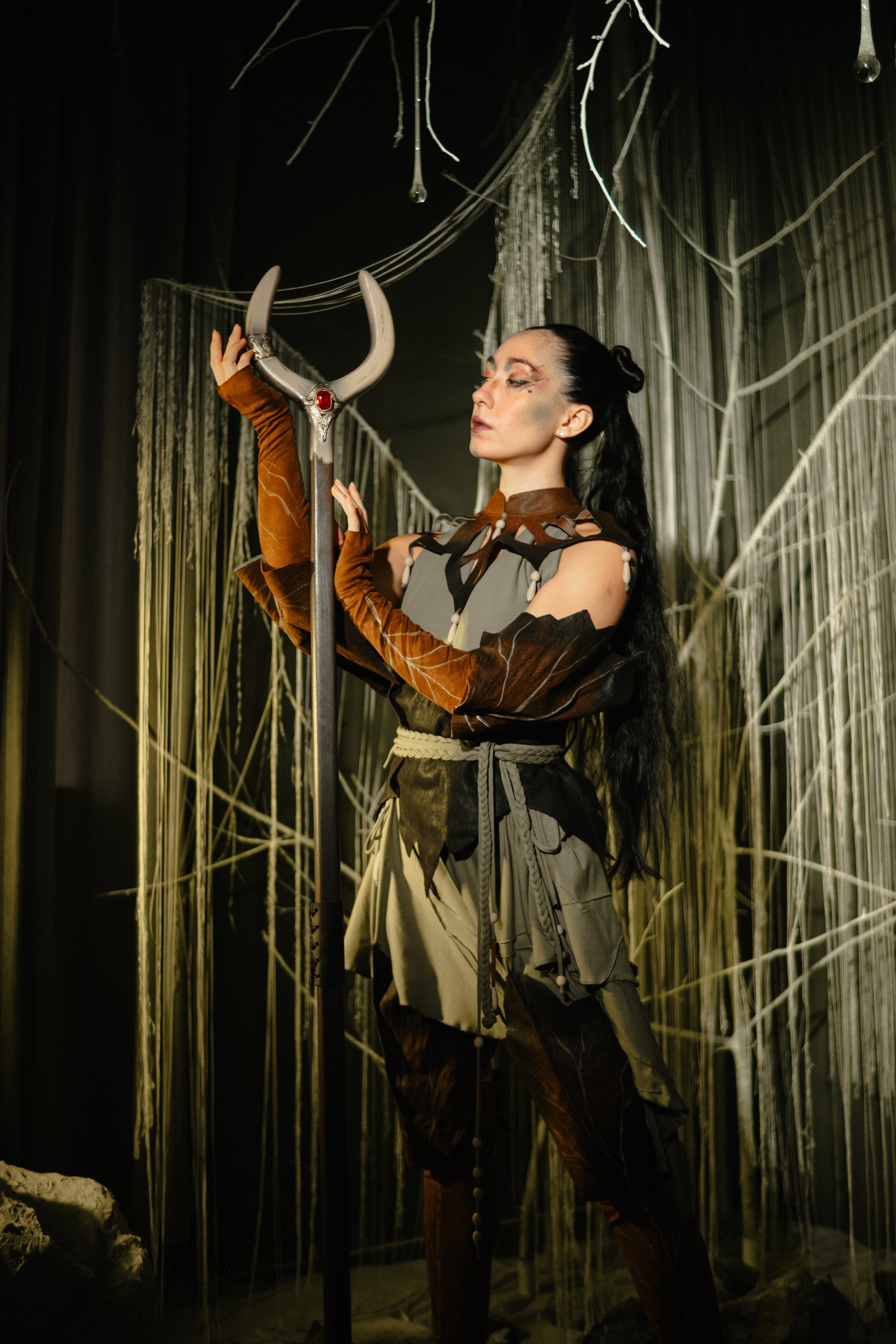Full length silver and beige fantasy staff with moon shaped head