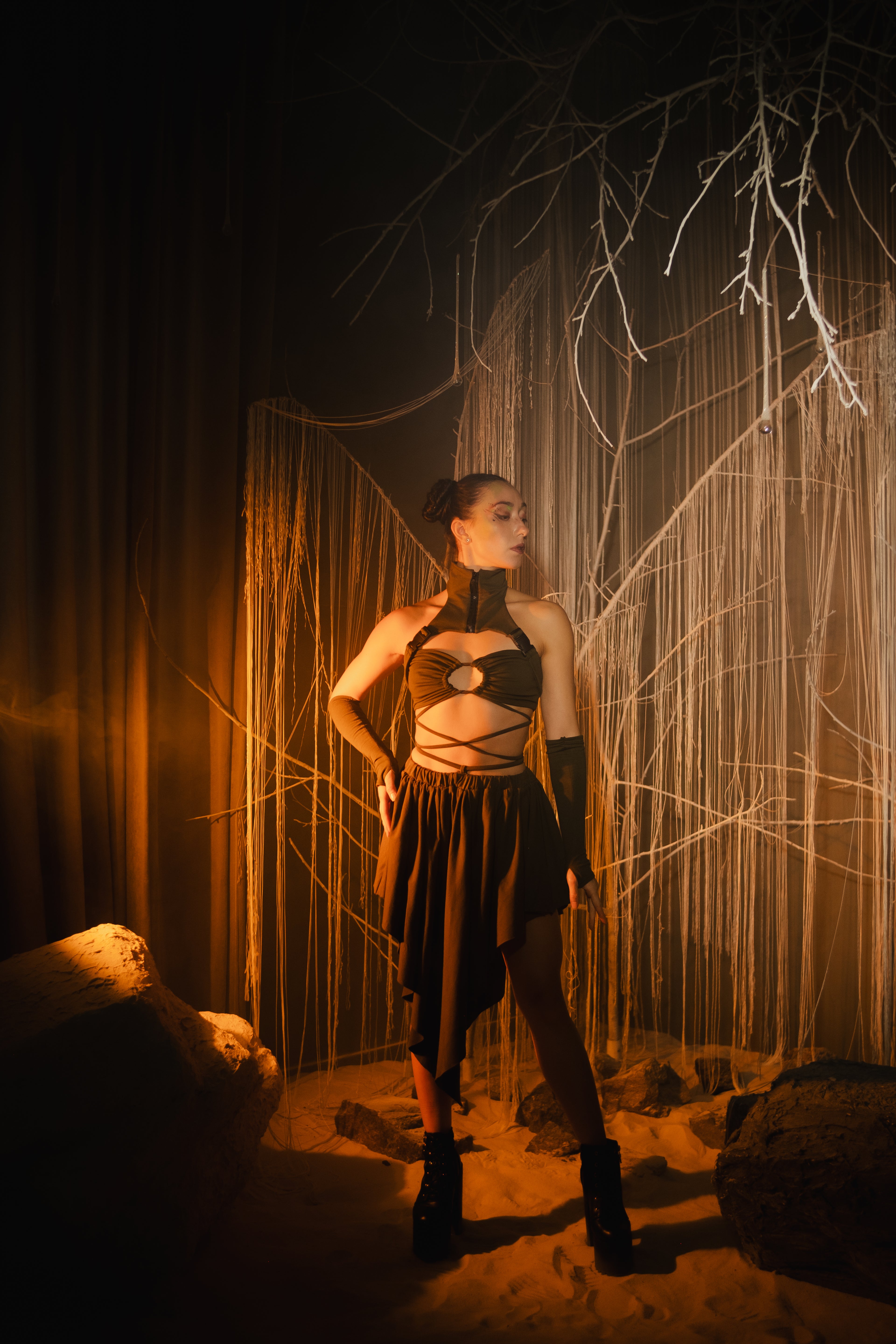 Khaki two-piece fantasy outfit cotton top skirt arm warmers