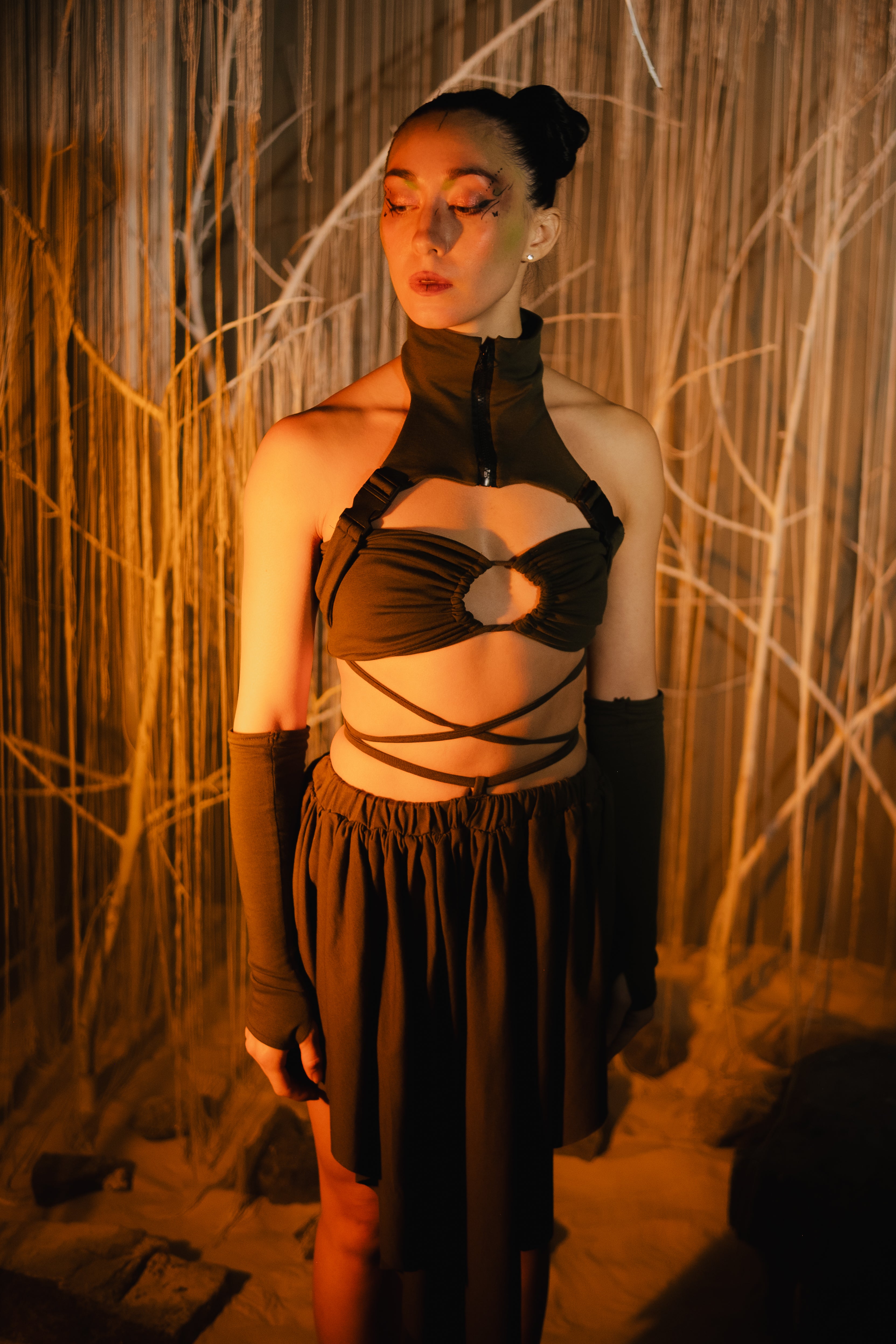 Khaki fantasy cotton outfit handmade organic artwear set front view