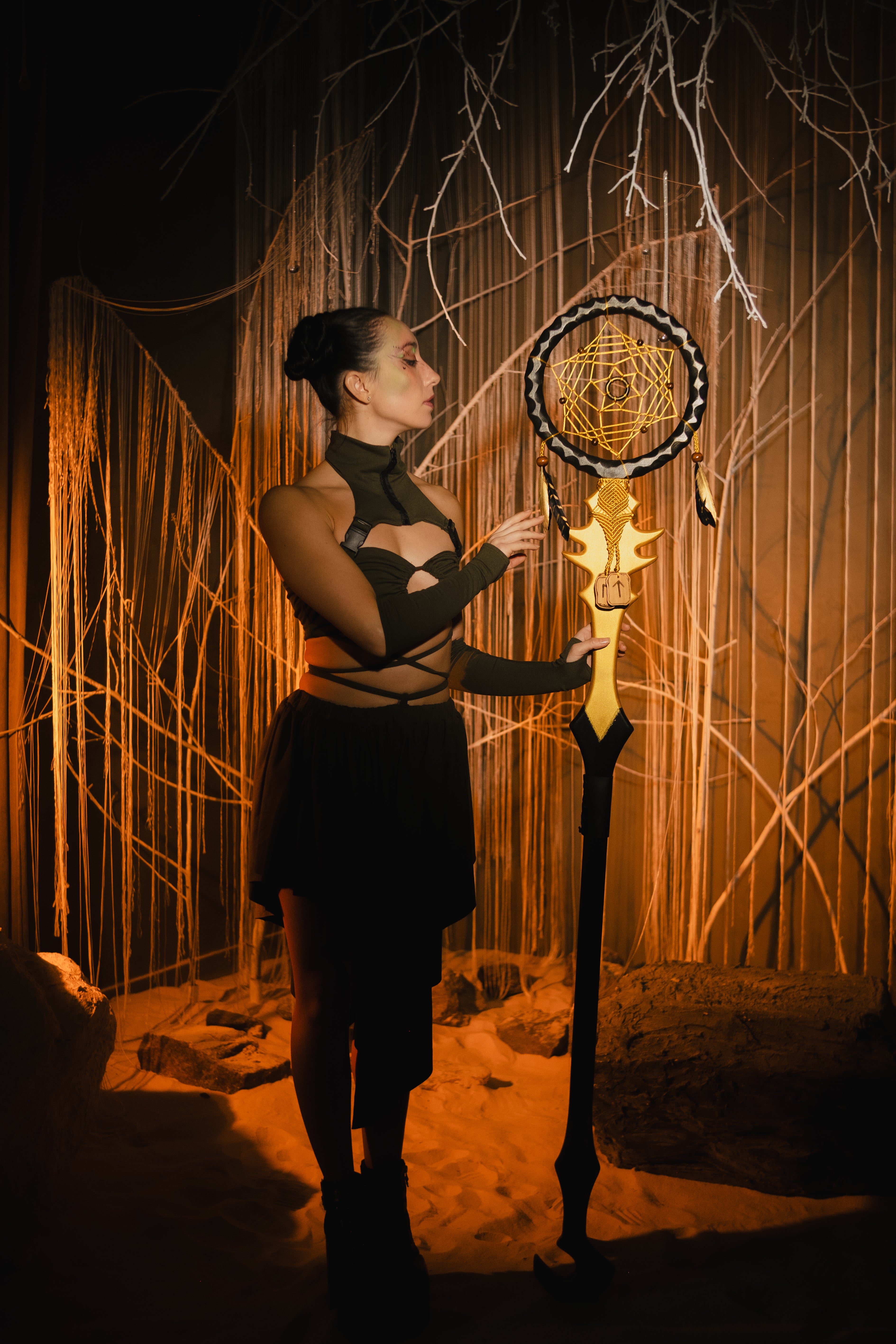 Sacred Web Staff handcrafted wooden fantasy prop in Golden Black with woven center and feather accents