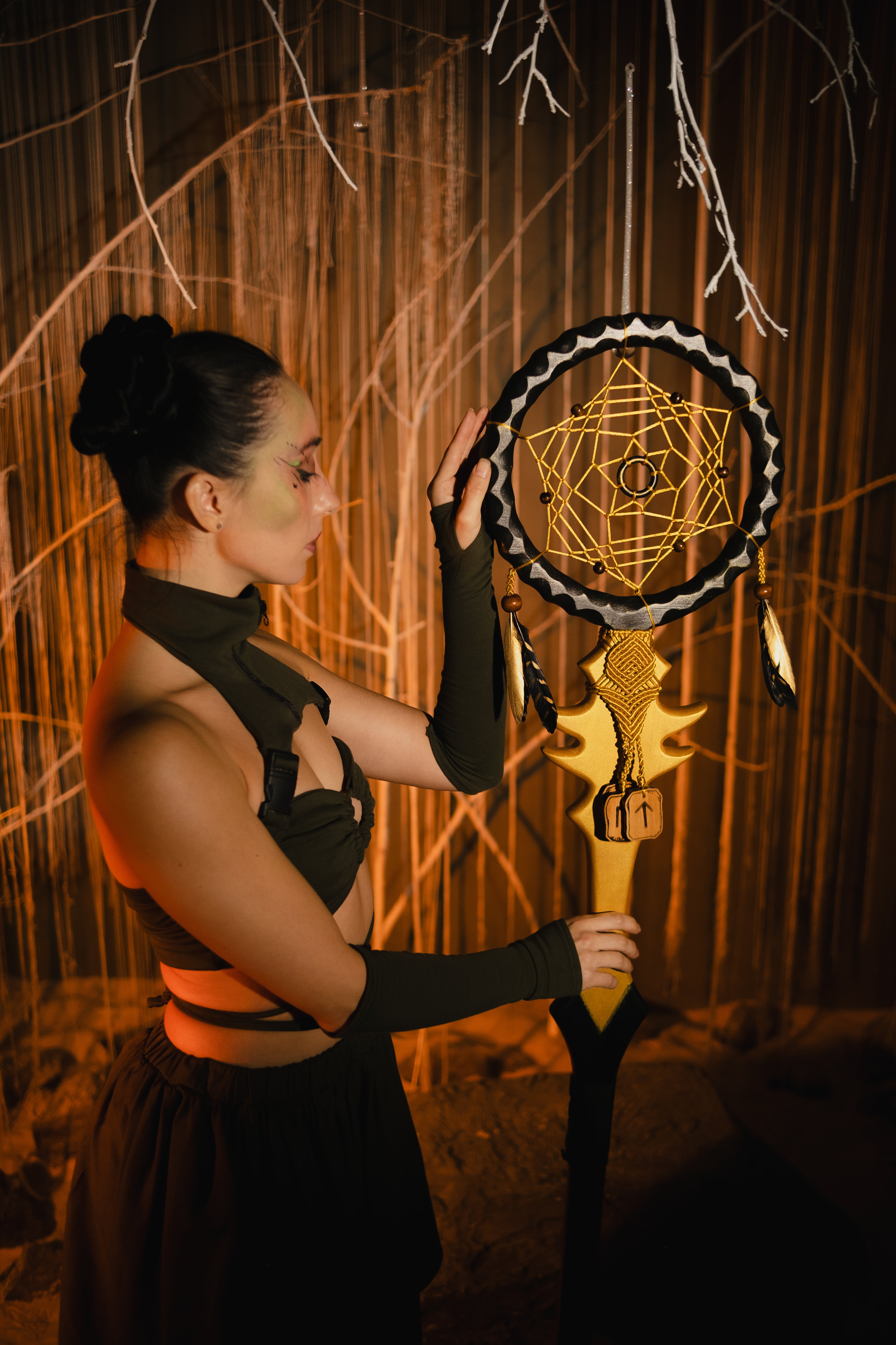 Golden Black Sacred Web Staff full length view handmade wooden fantasy staff for costume and decor