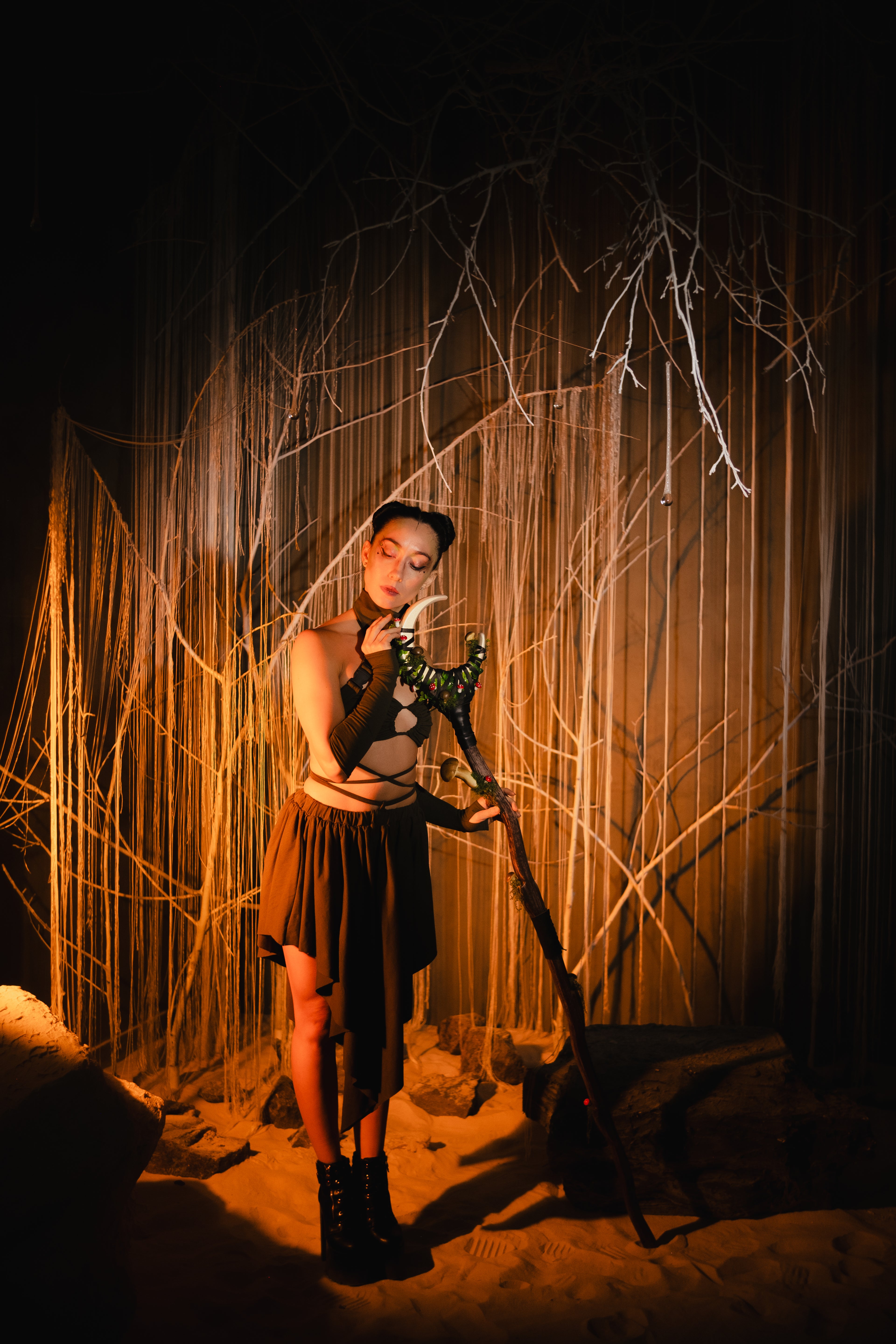 Wooden forest wizard staff crescent moon design