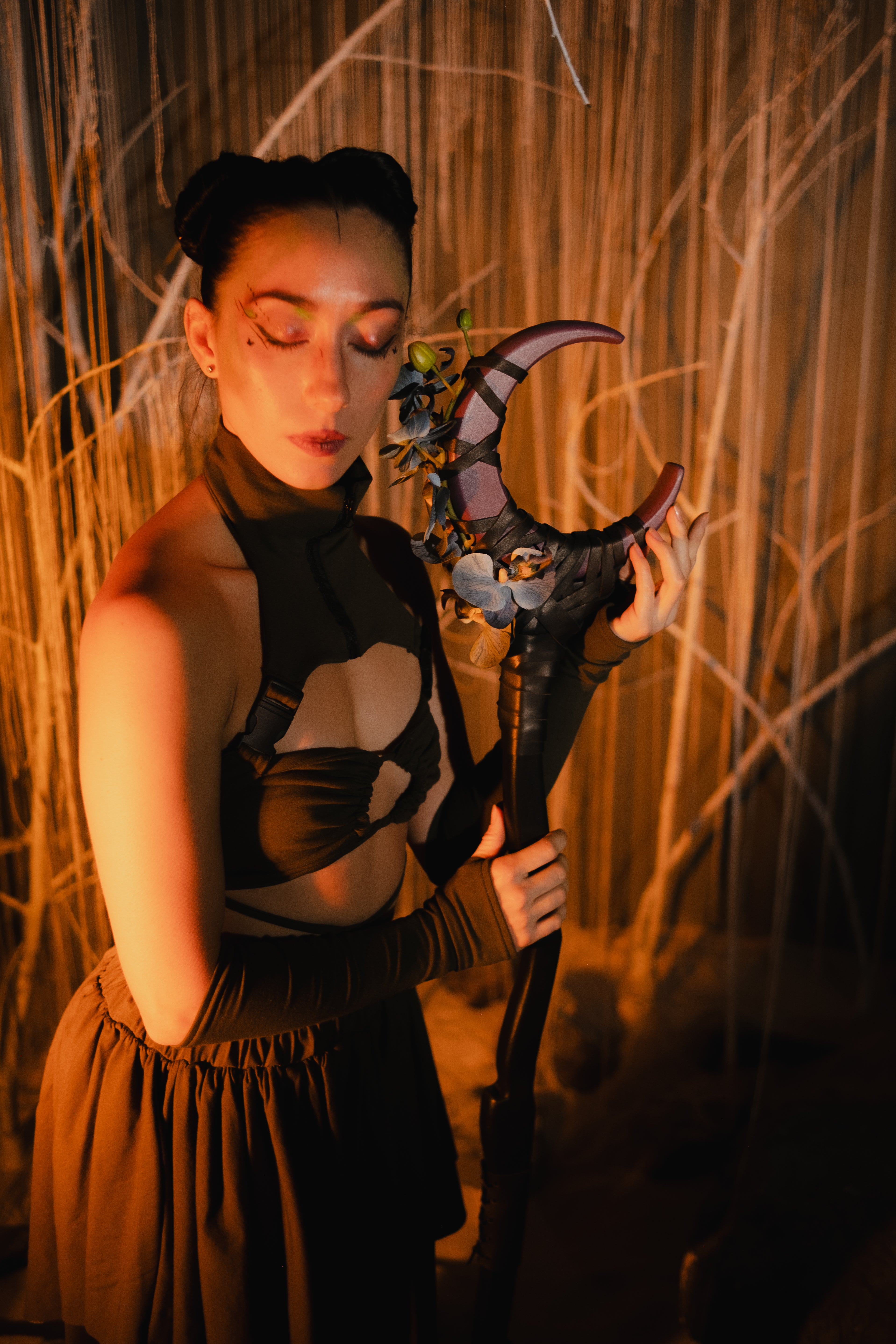 Moon Of Silent Orchids Staff floral crescent wooden wizard staff