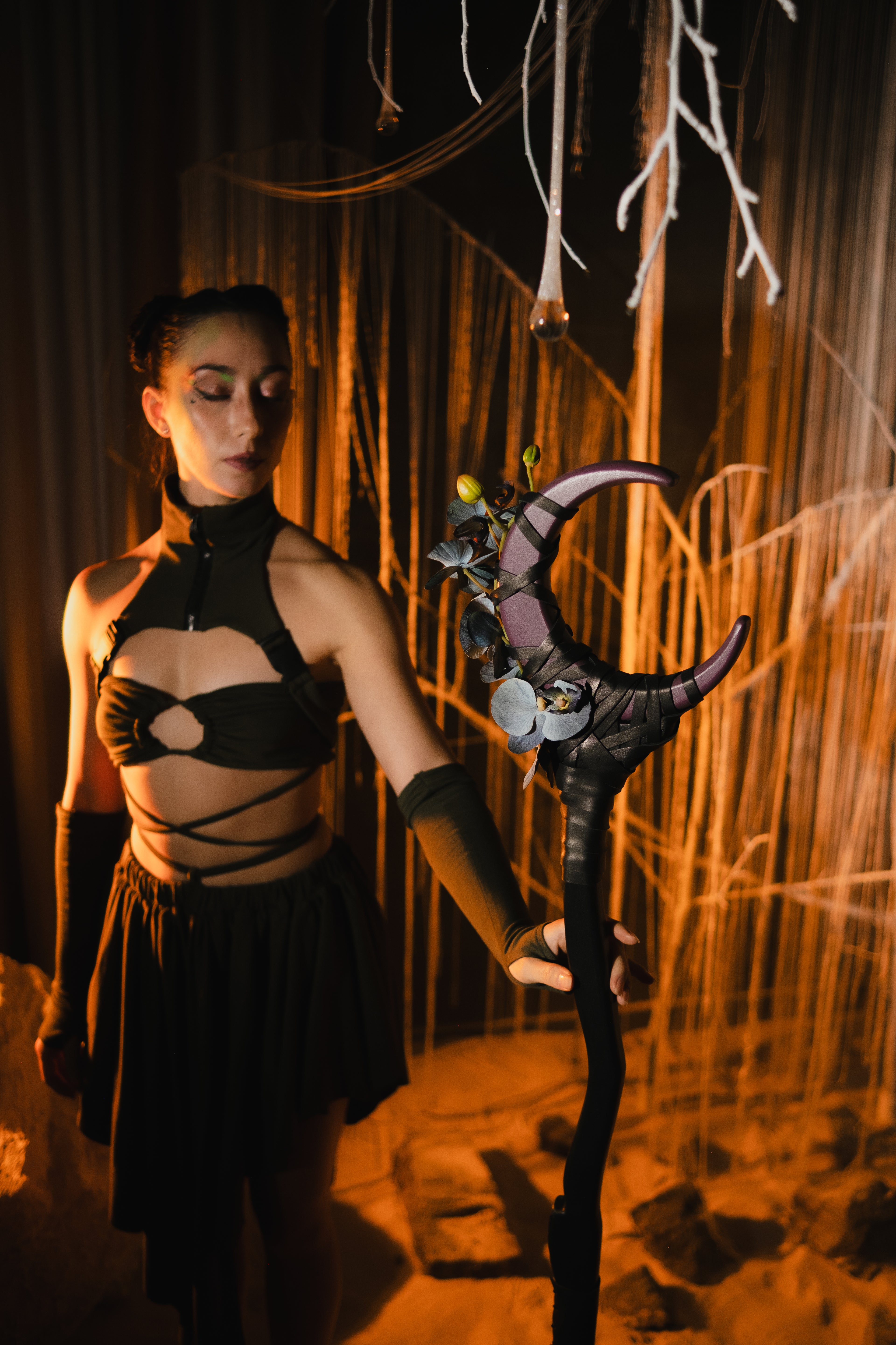 Wooden wizard staff nature inspired with flower details