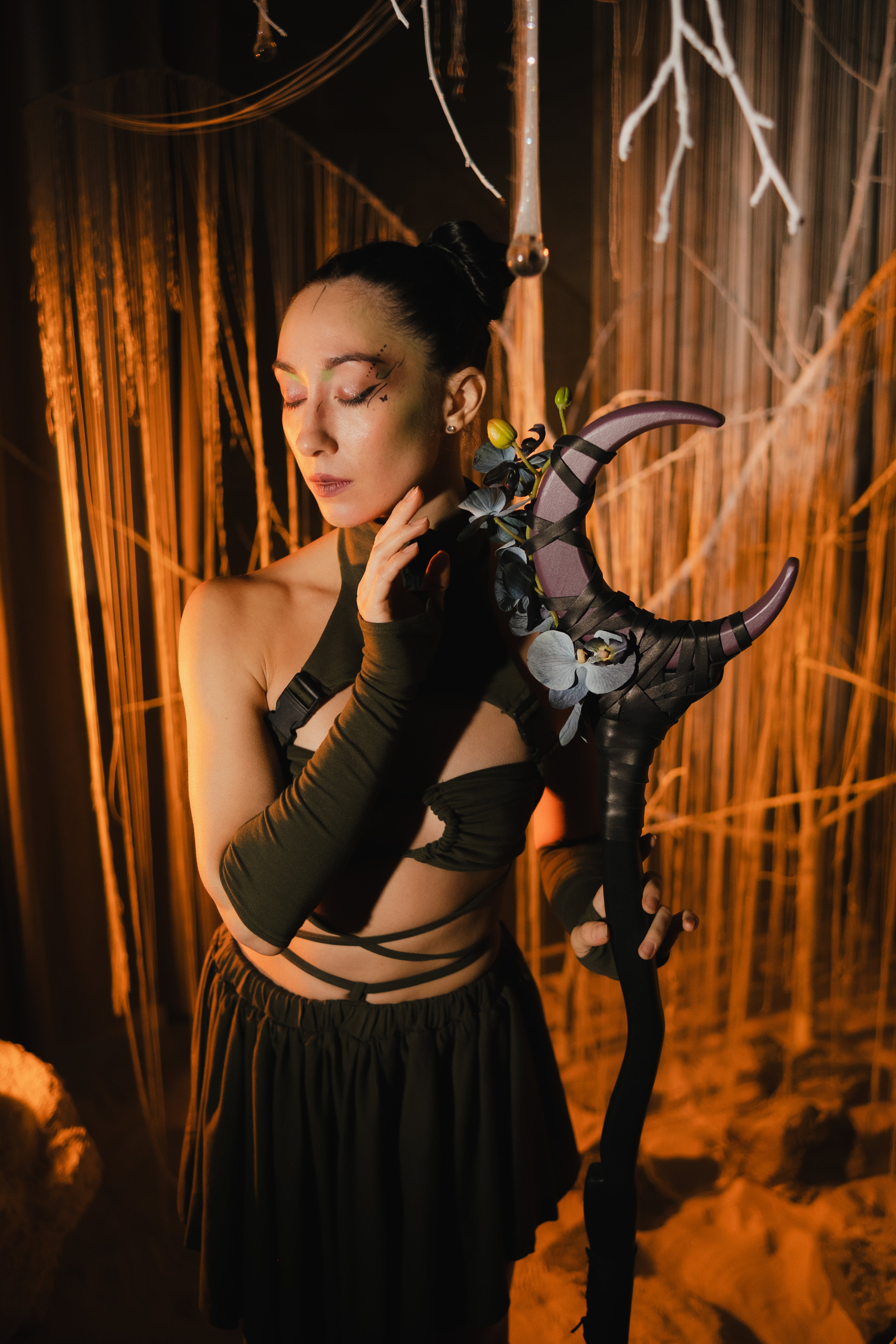 Fantasy moon witch staff floral ornament handcrafted