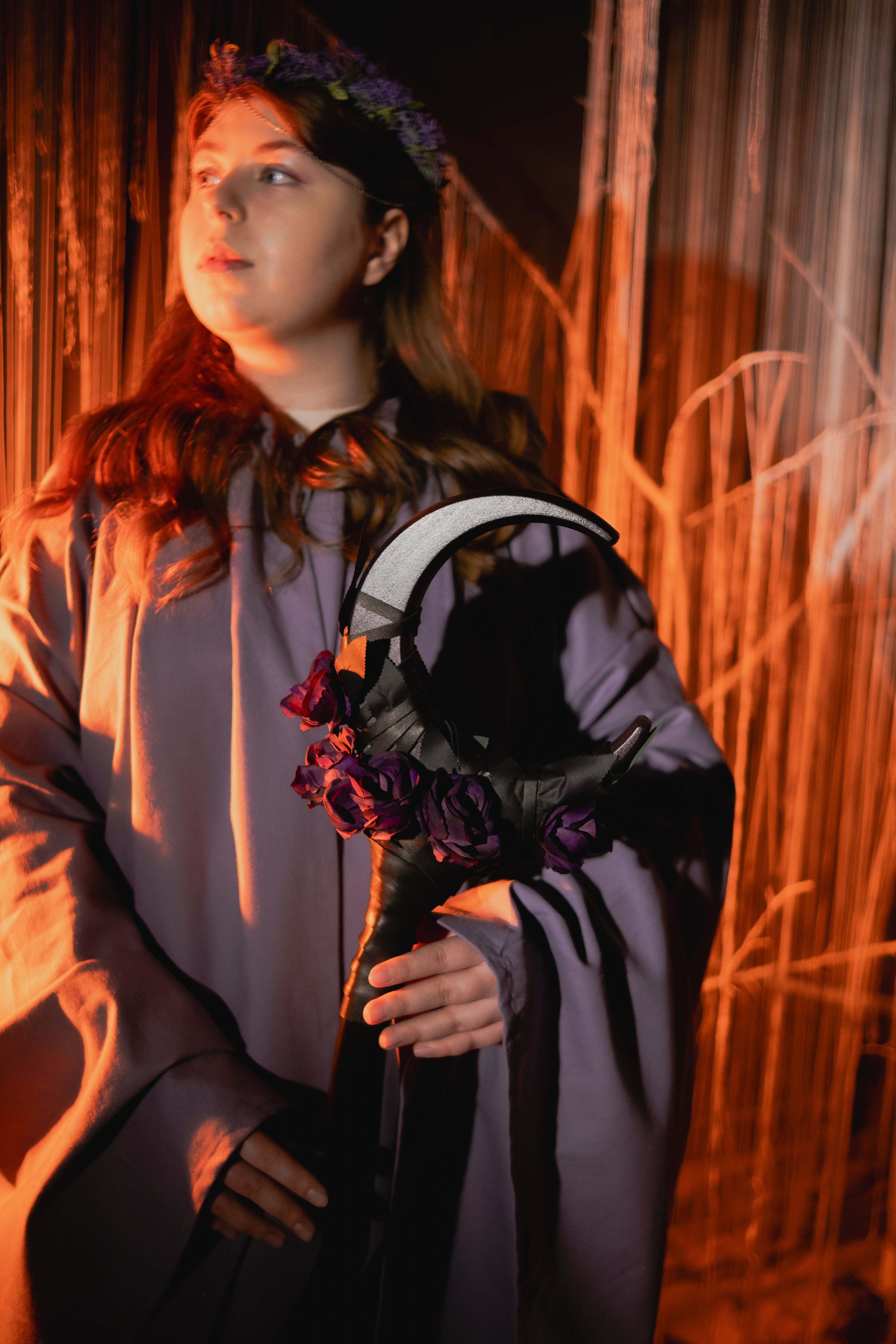 Velvet Eclipse moon staff with dark floral crescent design