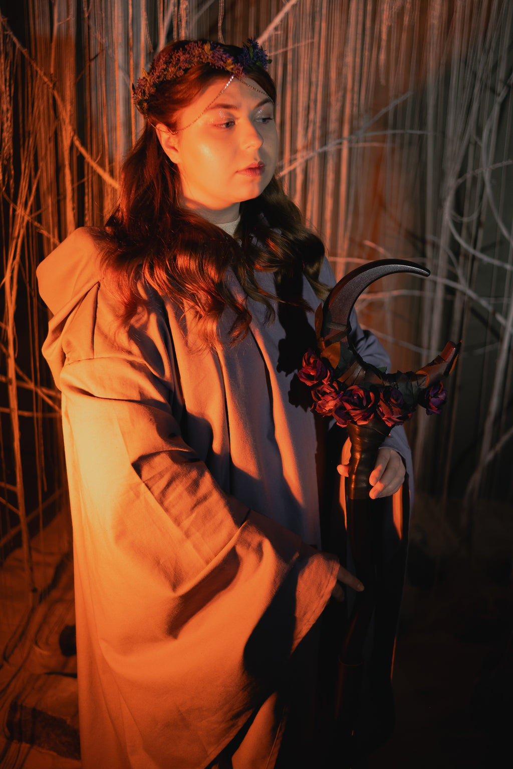 Floral Crescent Wood Staff – Velvet Eclipse Wizard Staff