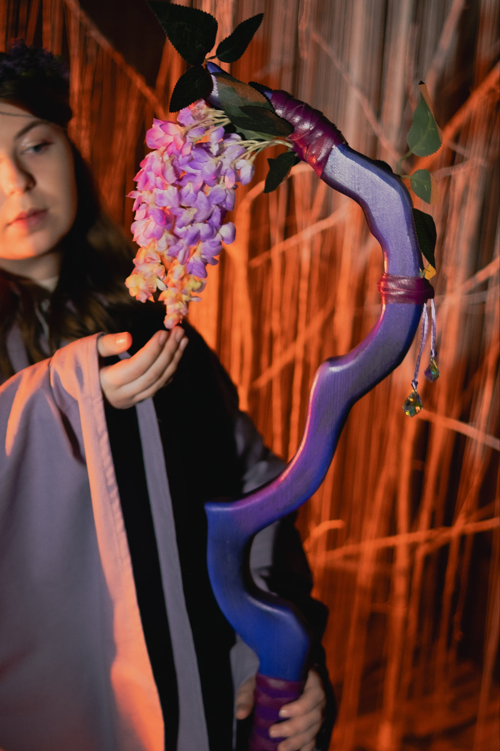 Wisteria inspired purple floral fantasy staff with crystal drops