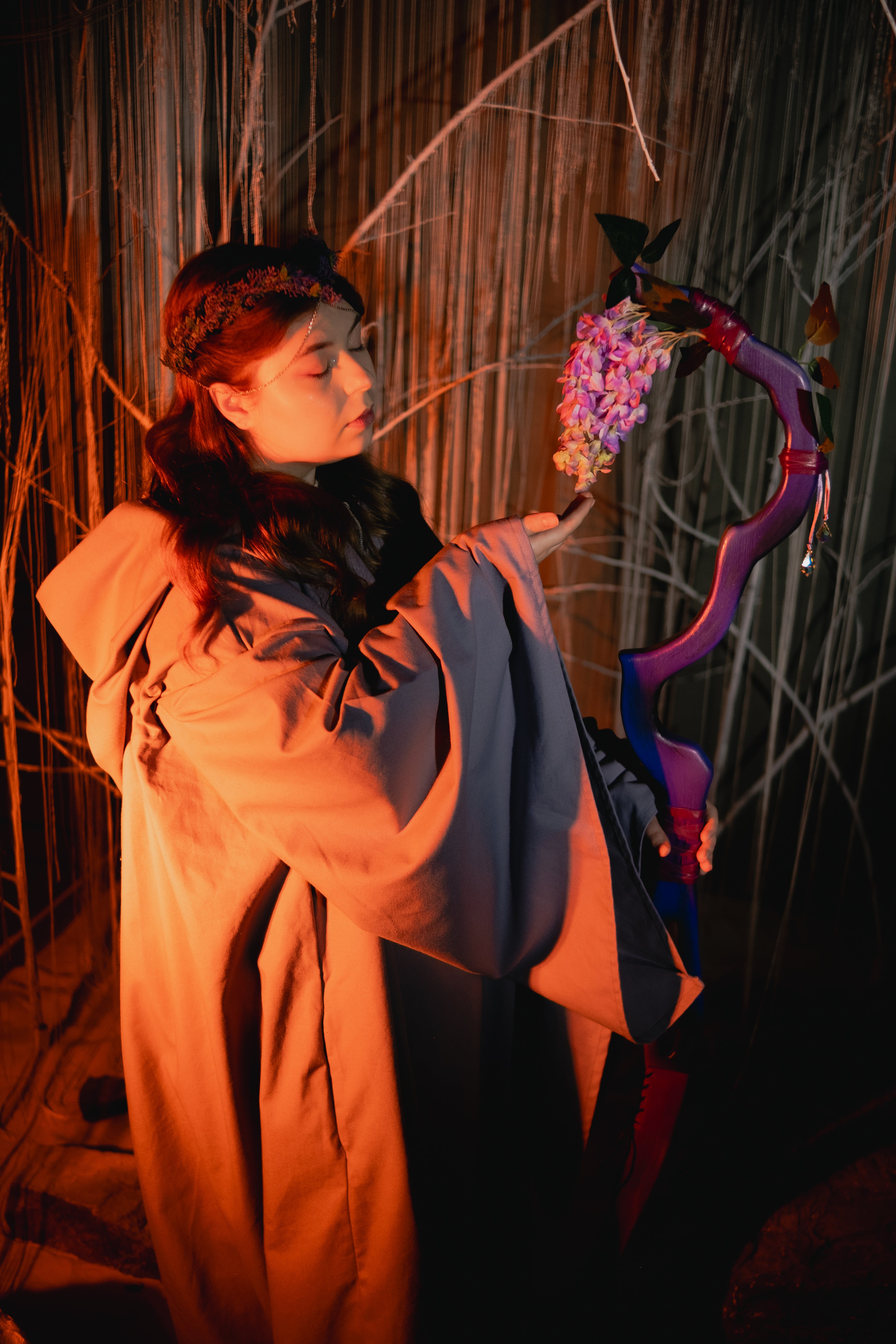 Lilac floral fantasy staff for spring elf costume and festival styling