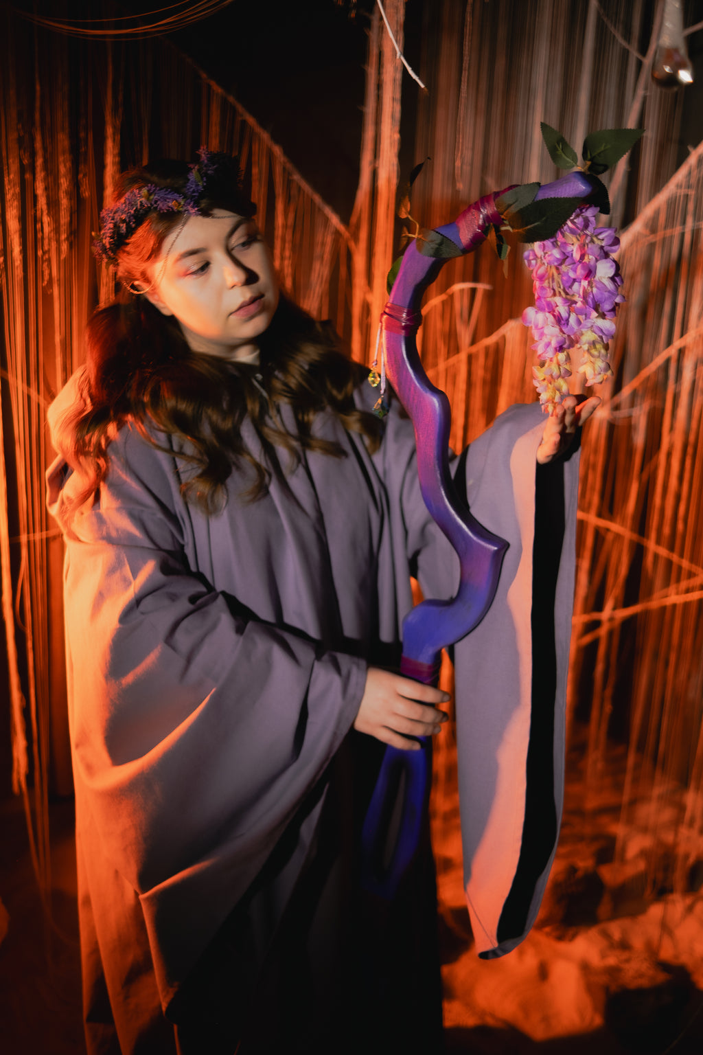 Full length purple flower staff for elf mage costume styling