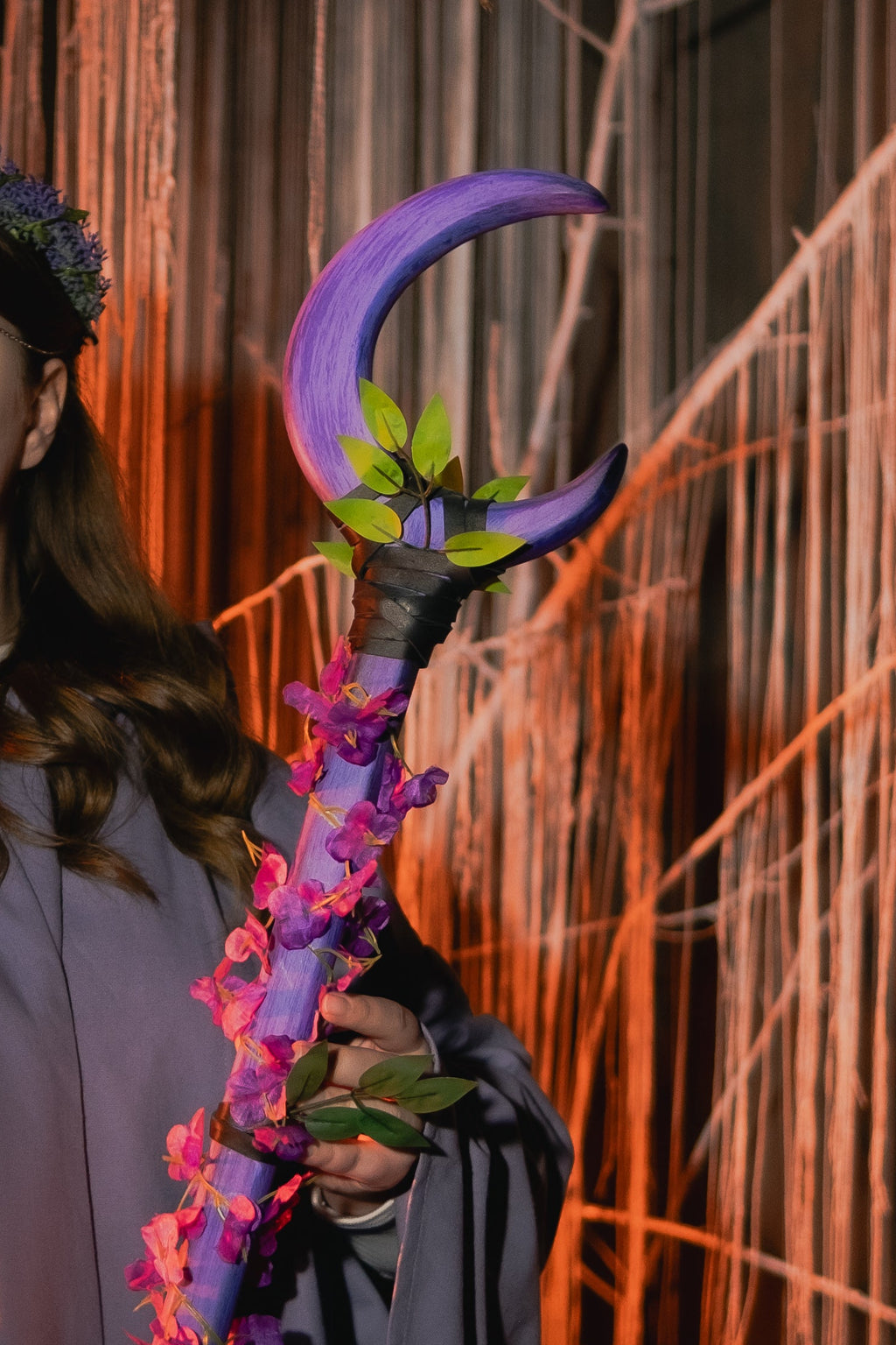 Lirael Moon Staff handmade wooden fantasy staff with purple crescent moon design