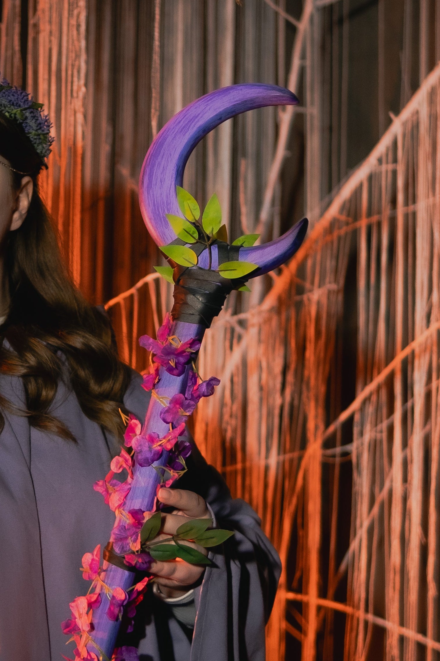 Lirael Moon Staff handmade wooden fantasy staff with purple crescent moon design