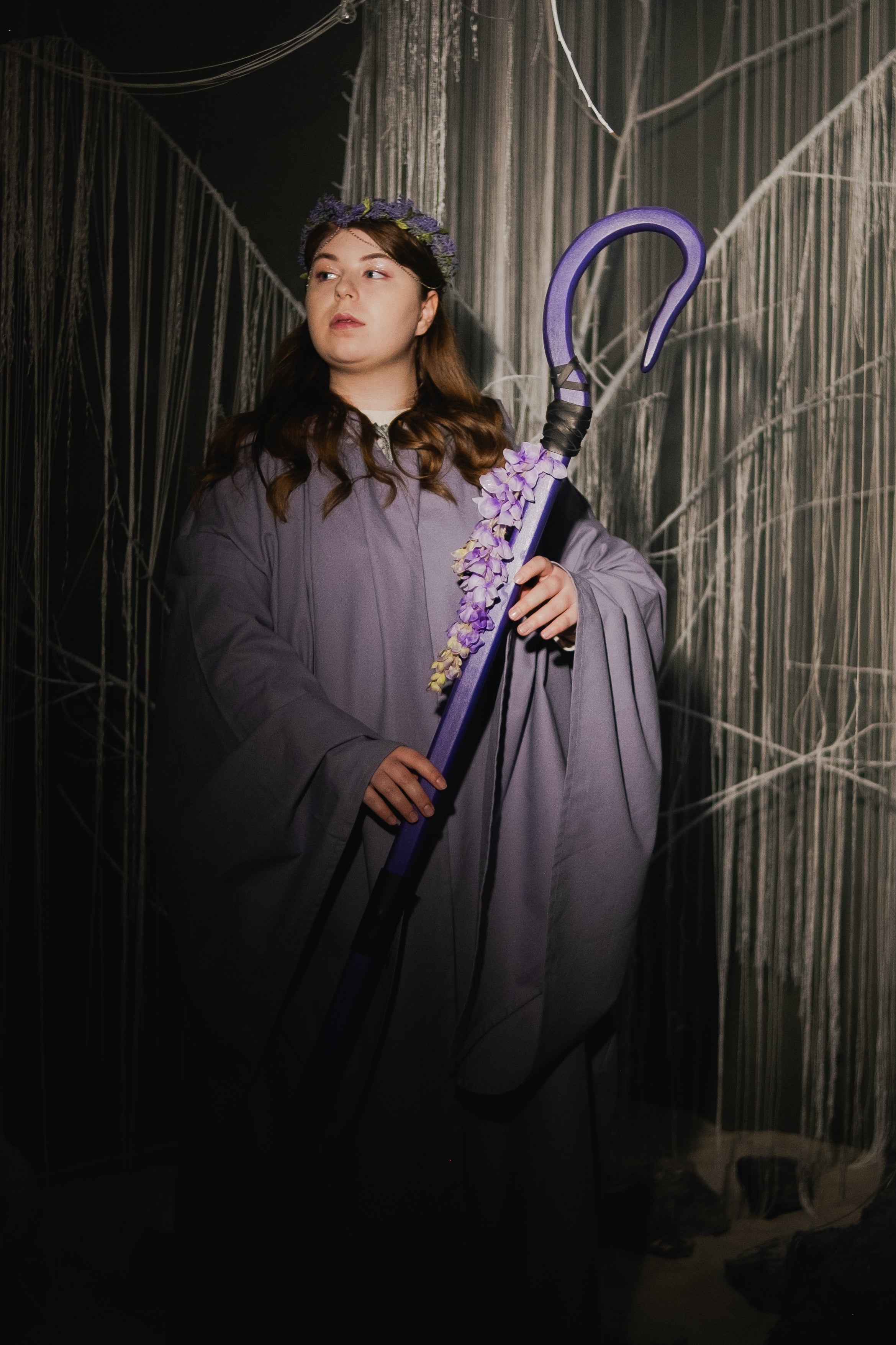 The Cascading Bloom Staff with violet base and floral accents