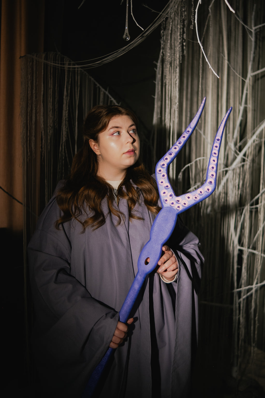 Purple sea creature fantasy staff for ocean mage costume styling
