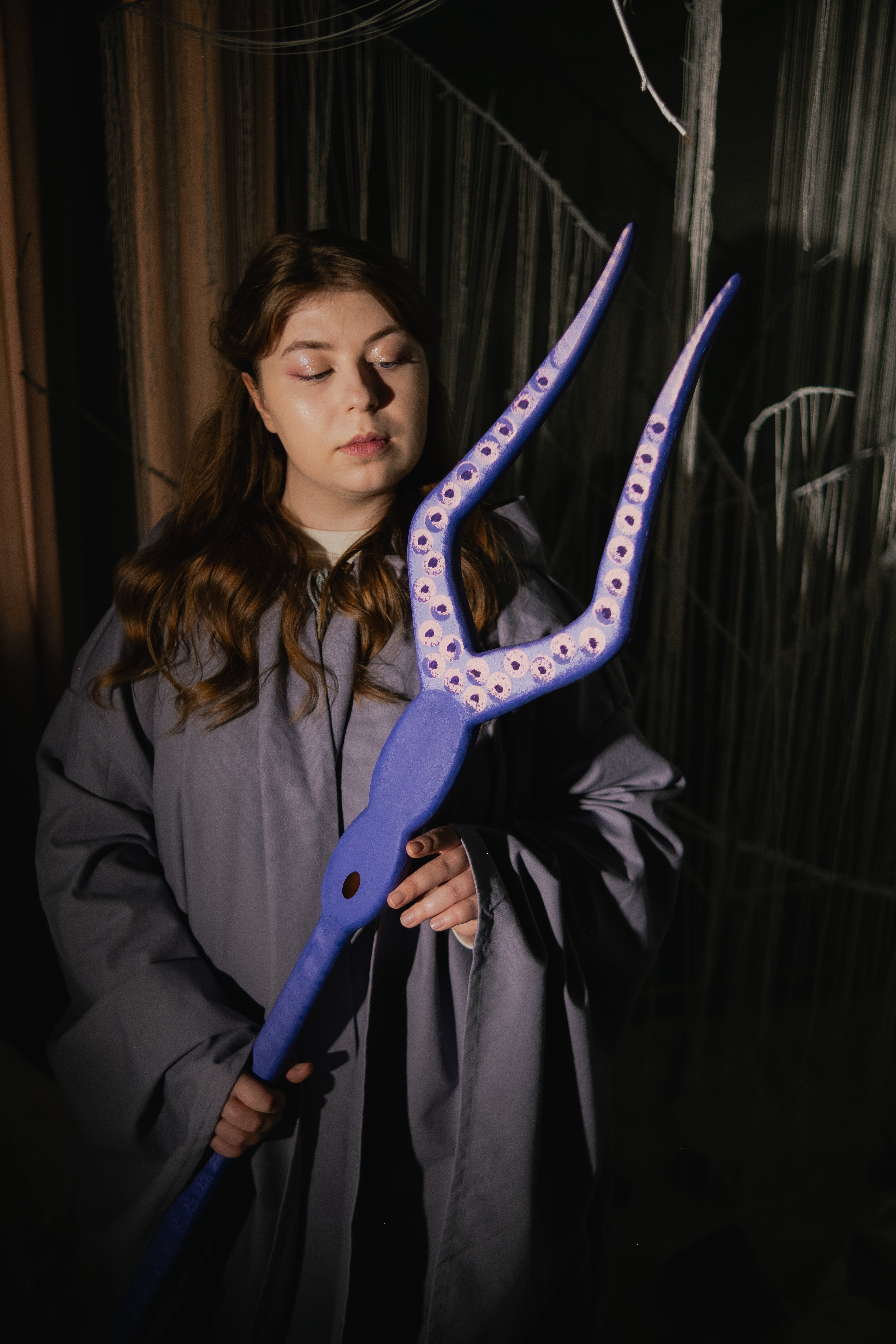 Handmade octopus inspired purple staff with sculptural fantasy shape