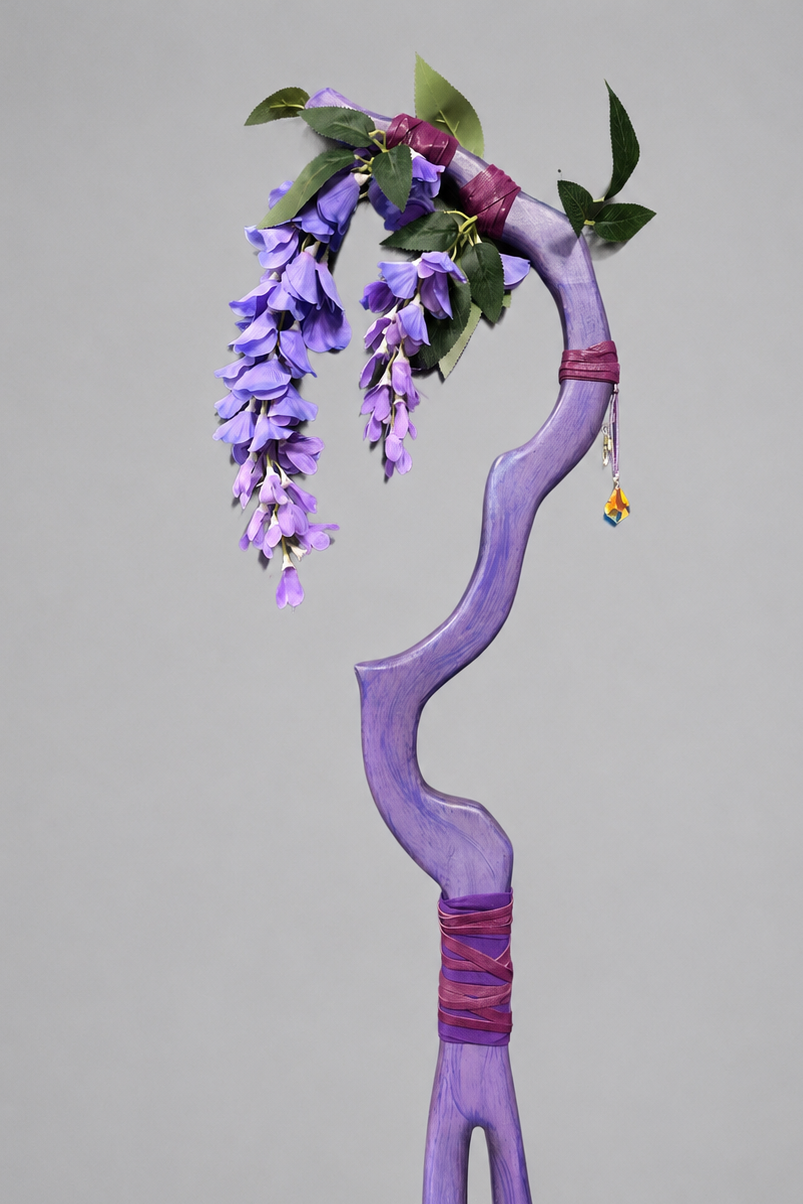 Handmade Lilac Bloomkeeper Staff with lavender flowers and green leaf accents