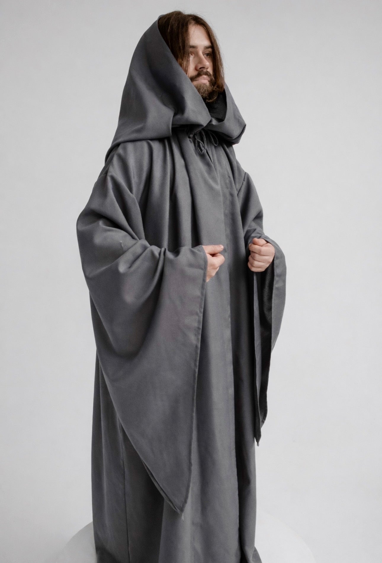 Steel Form Cloak – Gray Gabardine Hooded Cape with Clean Structured Lines