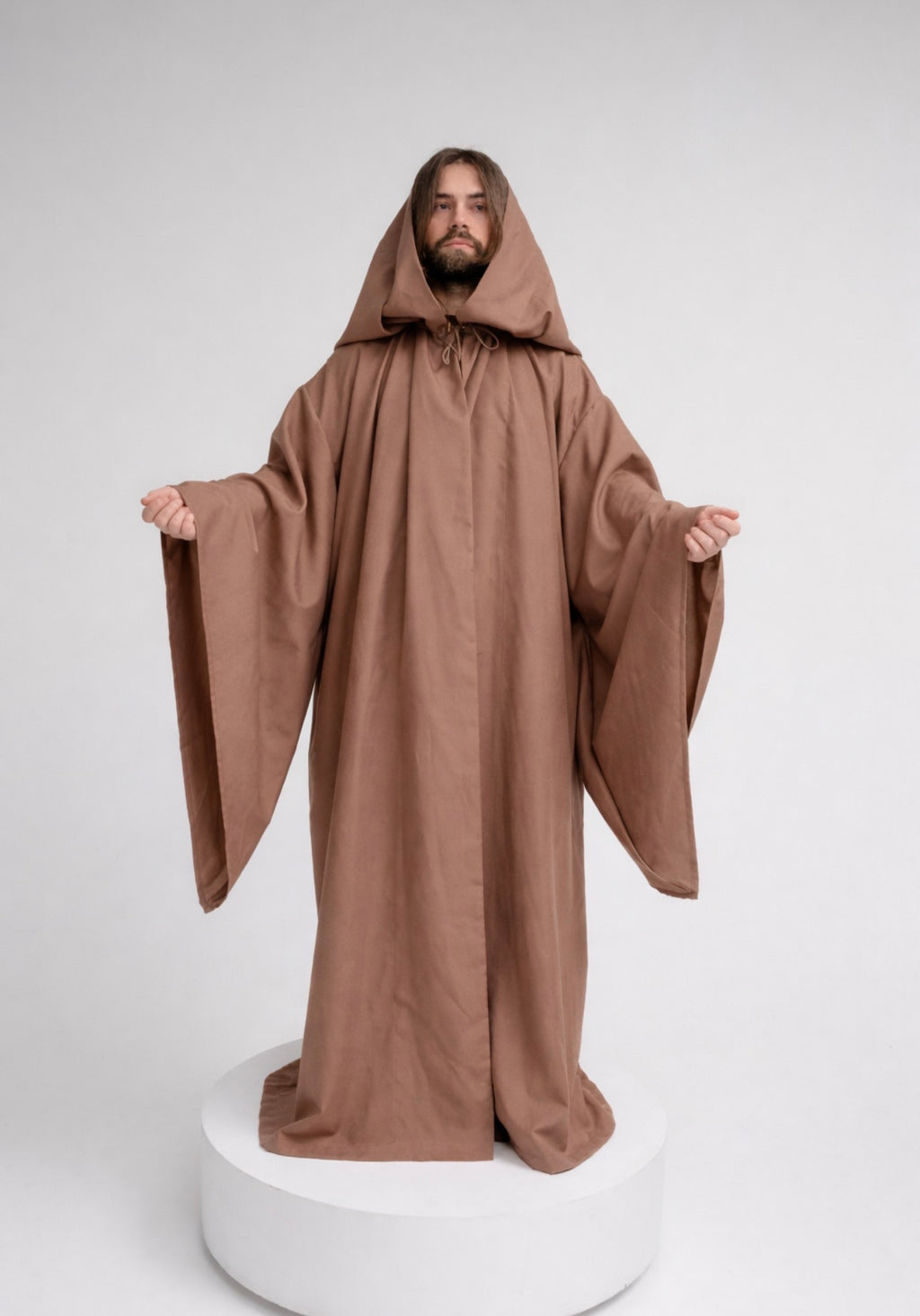 Desert Wanderer Cloak – Cinnamon Linen Hooded Cape with Warm Earth Tone