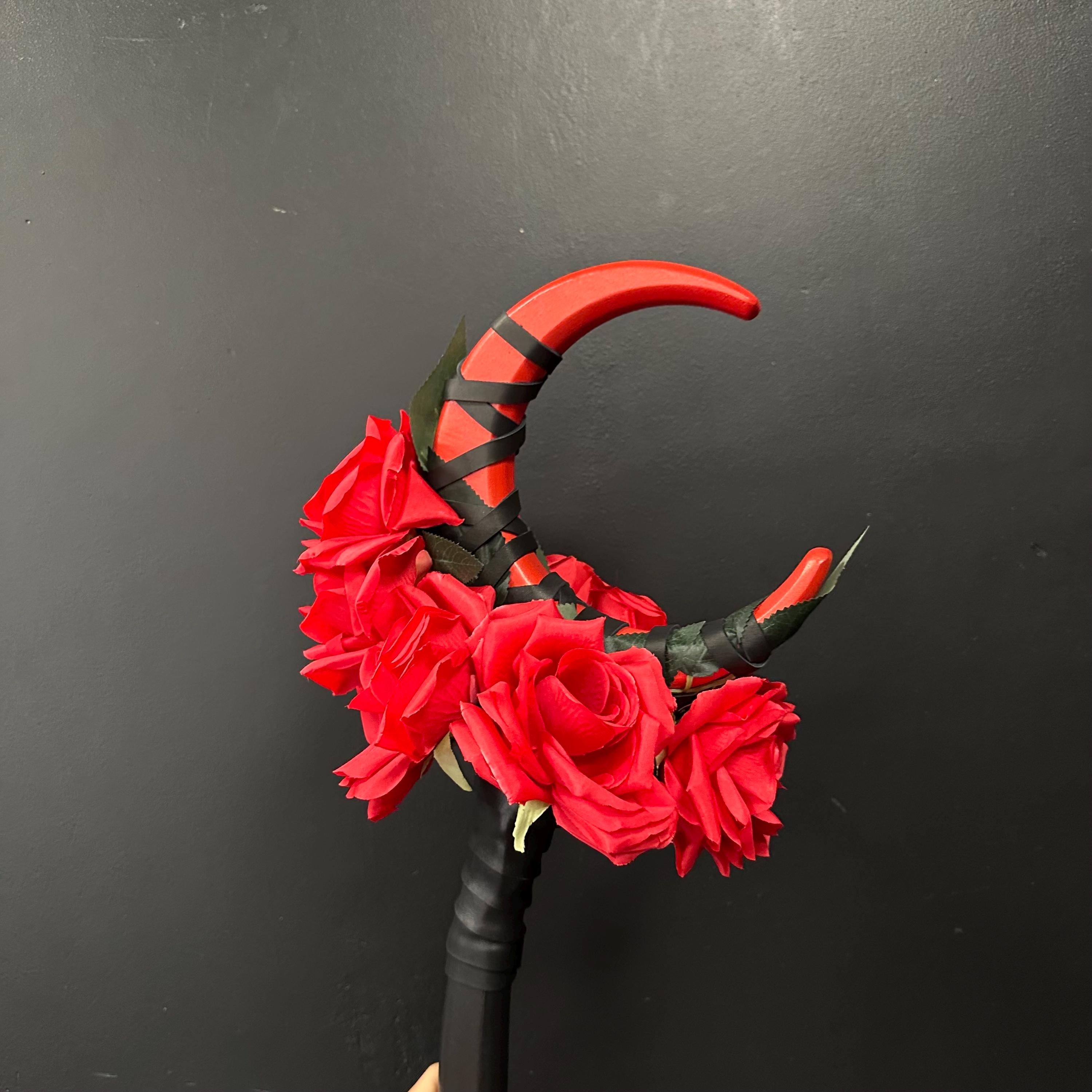 Vivid Red Crescent Moon Staff – Crimson Flame, Witch’s Ritual Tool with Blood Rose Magic, Scarlet Moon, Wizard Stave, Witch Cosplay