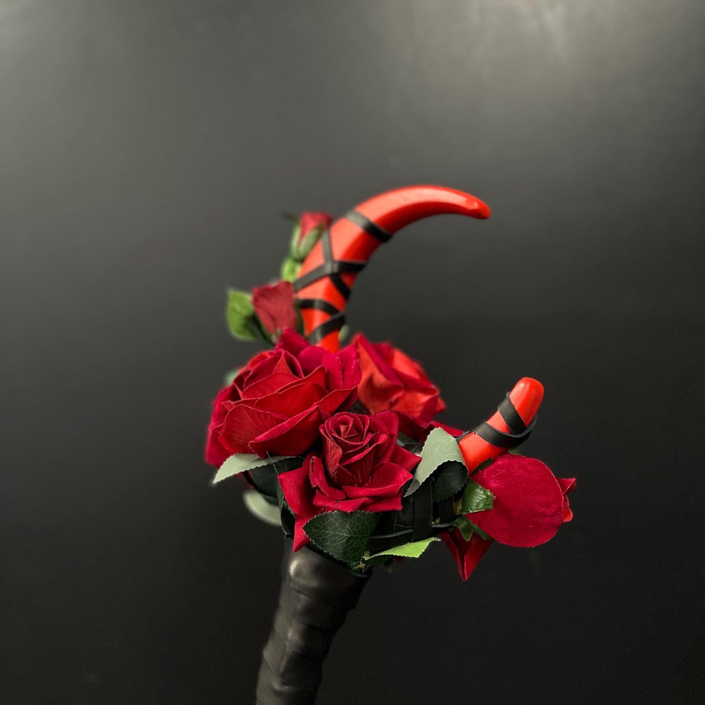 Blood Rose Crescent Moon Staff – Crimson Bloom Red or Burgundy color, Wooden Wizard Wand, Handmade Fantasy Prop, Decorative Alder Staff