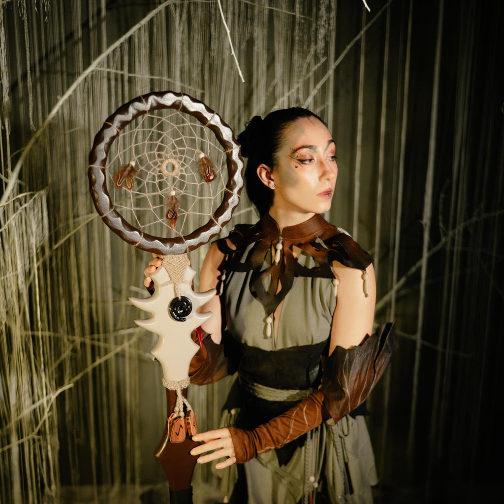 Wooden Dreamcatcher Staff – Forest-Inspired Fantasy Prop with Feathers Wizard Staff Cosplay
