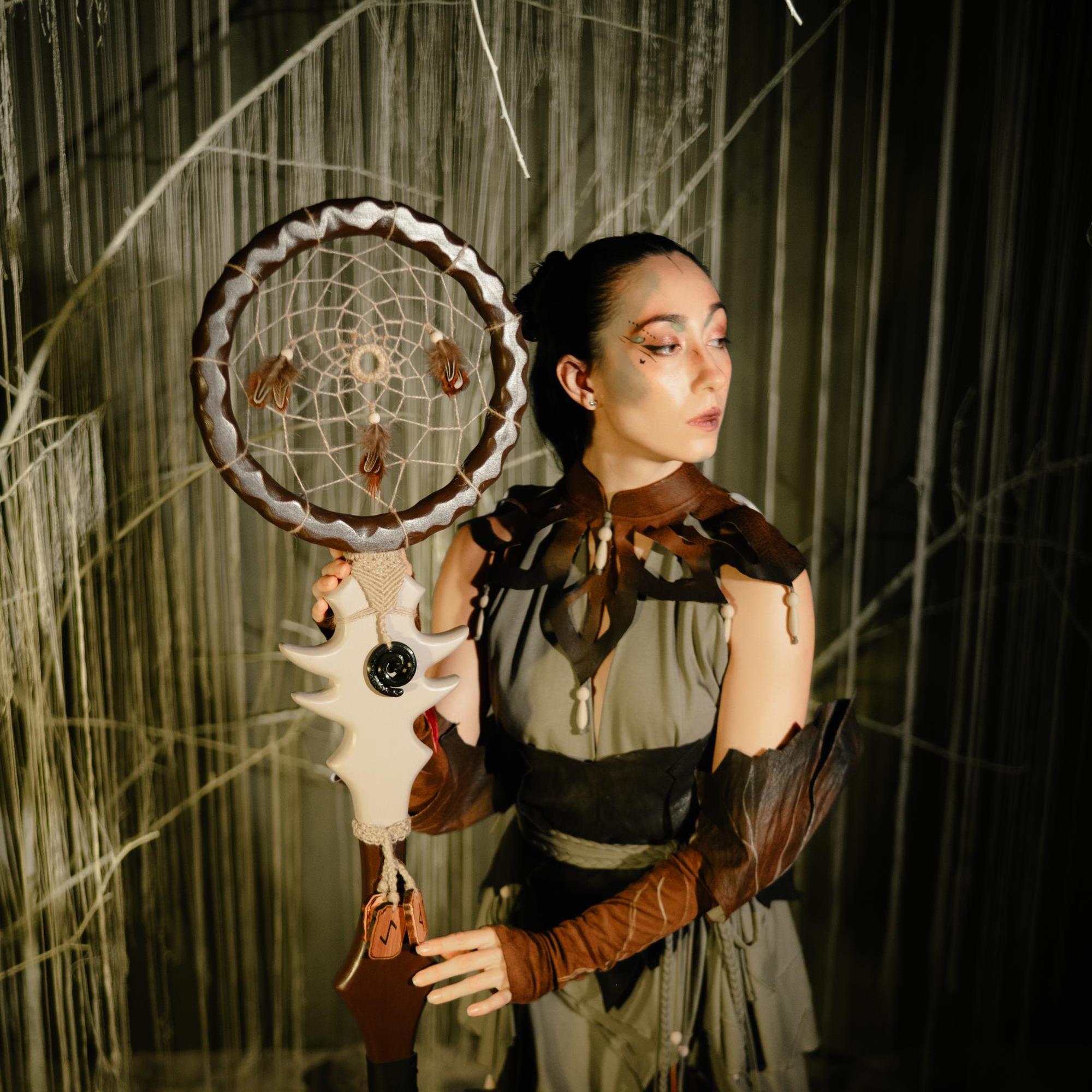 Wooden Dreamcatcher Staff – Forest-Inspired Fantasy Prop with Feathers Wizard Staff Cosplay