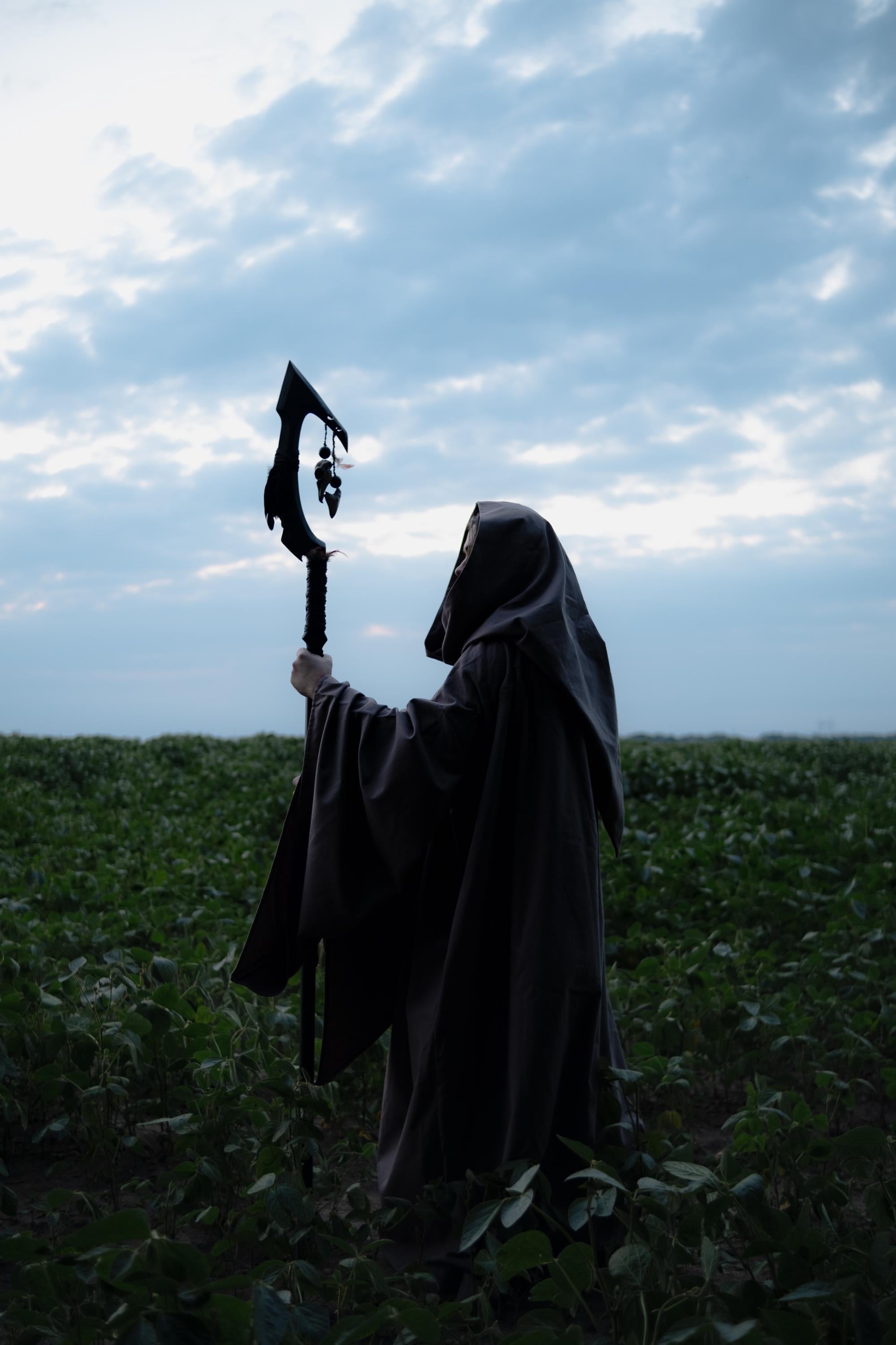 Raven Shaman Staff – Dark Fantasy Cosplay Fantasy Prop with Feathers, Skulls and Wooden Beads