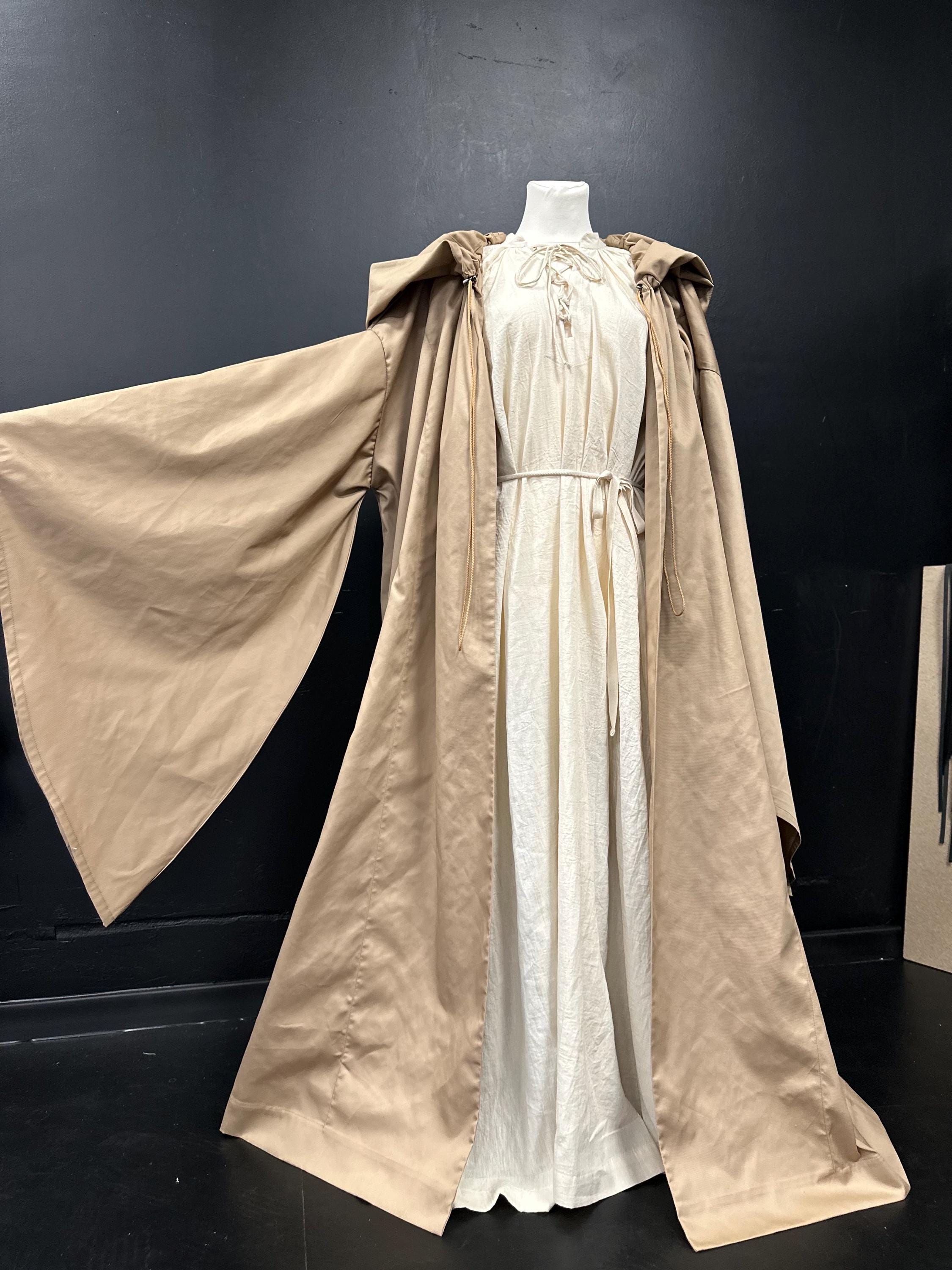 Golden Beige Linen Cloak and Muslin Tunic – Medieval Earth Tone Outfit, Artisan Renaissance Clothing, Natural Handmade Ensemble