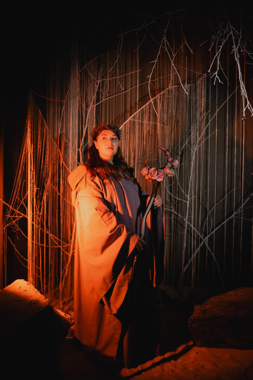 Plum Rose Moon Staff – Handcrafted Wooden Fantasy Stick with Rose Accents for Elvens, Druids and Mages, Wizard Accessory