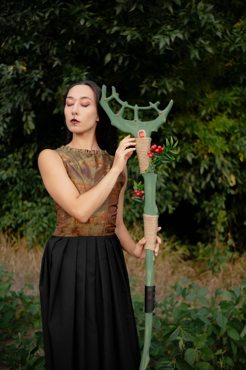 Crown of the Forest  – Elven or Druid Wooden Staff with Antler Design and Red Gemstones for Cosplay