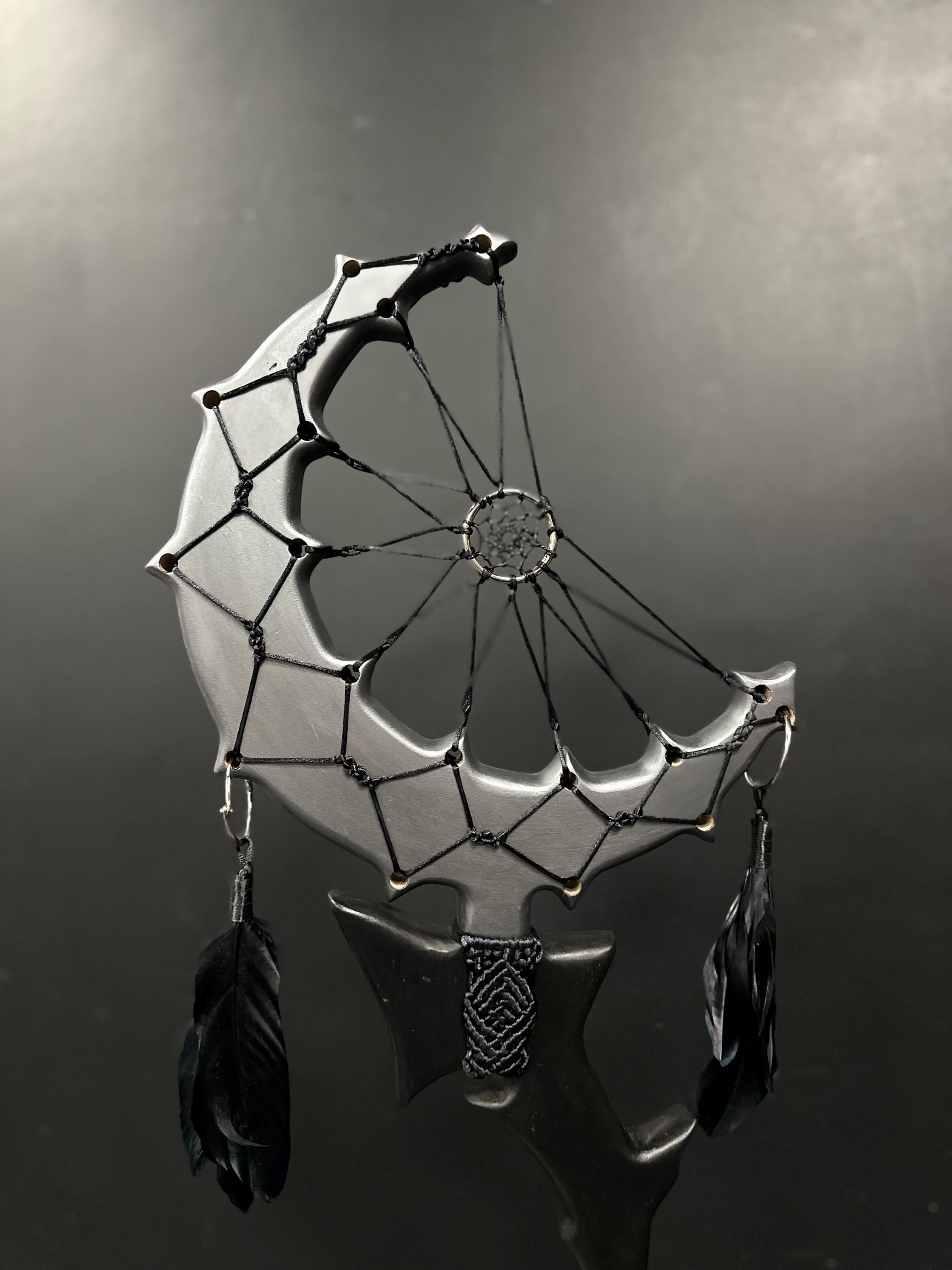 Lunar Dreamcatcher Staff – Handmade Silver Moon, Black Crescent Ritual Prop, Accessory with Feathers & Web, Costume Accessories, Macrame Art