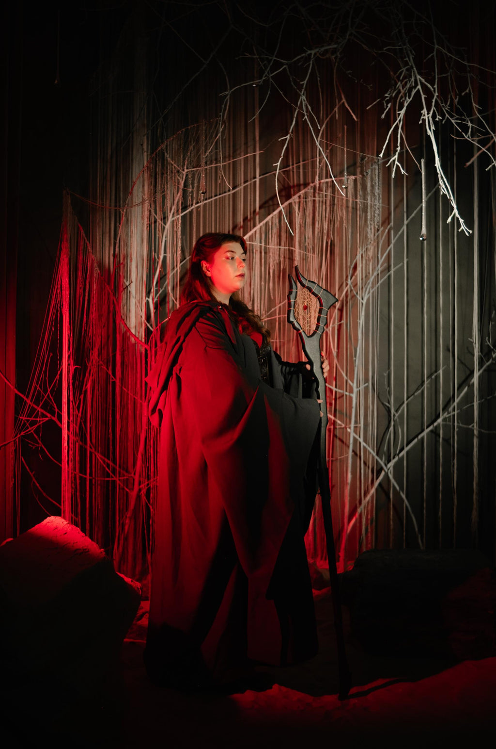 Witch Staff  – The Witch's Snare, Crimson Web Staff, Handcrafted Wooden Fantasy Prop with Dreamcatcher Center, Arcane-Themed Characters