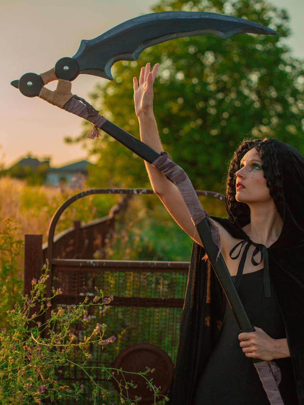 Scythe – Dark Crescent Wooden Black Staff – Handcrafted Fantasy Prop, Reaper, Gothic Fantasy Art Decor, Mystic Sorcerer Accessory